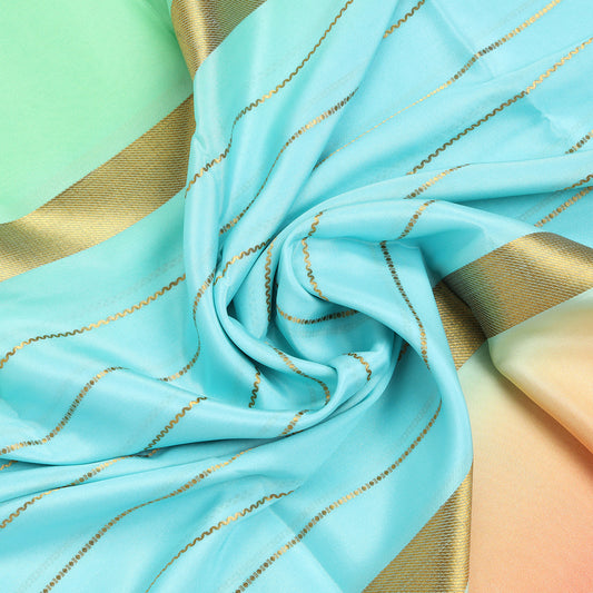 Aqua blue ombre Mysore crepe silk saree with golden stripes from Akshaya Lakshmi Silks