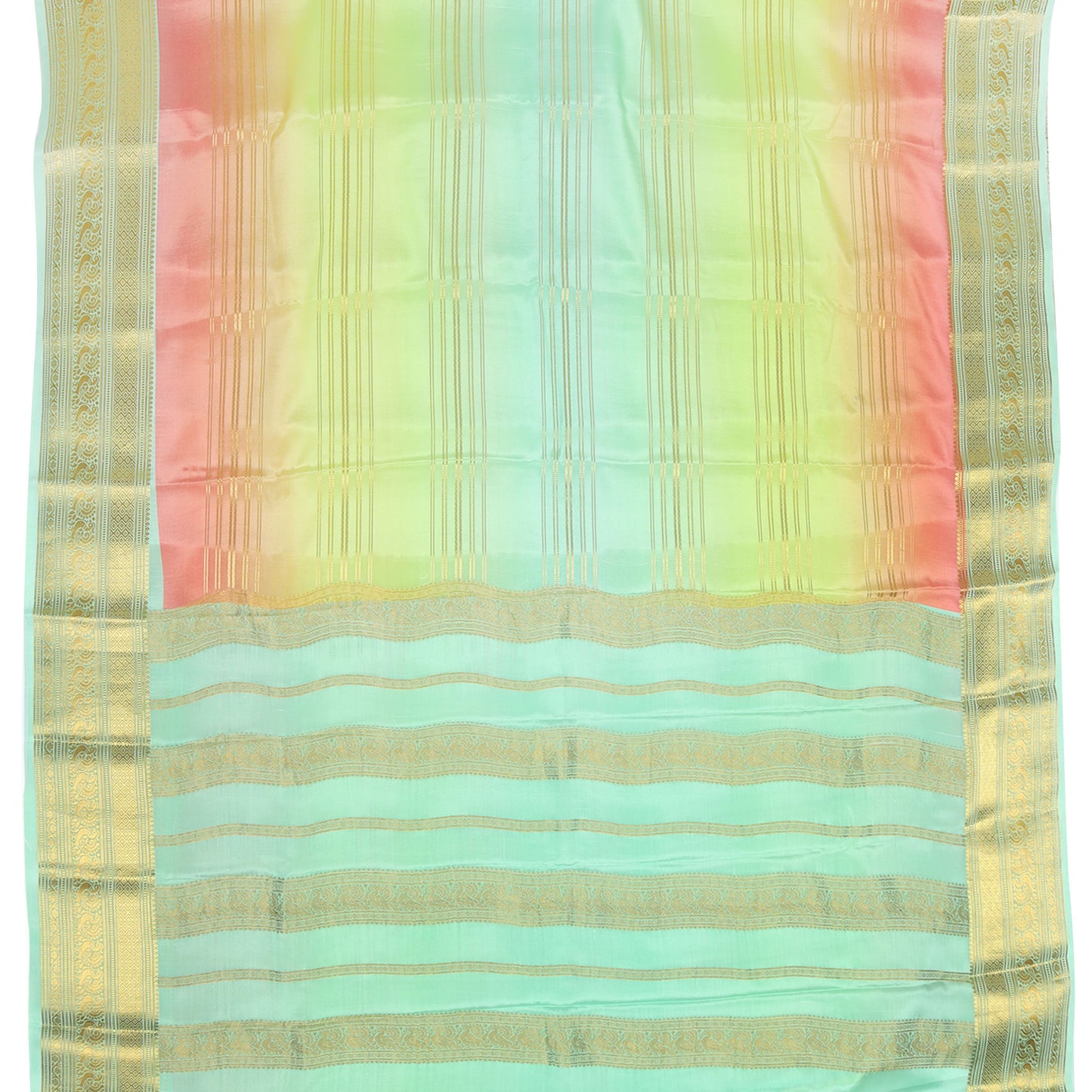 Mint green and lemon yellow Mysore crepe pure silk saree with ombre 5D stripes