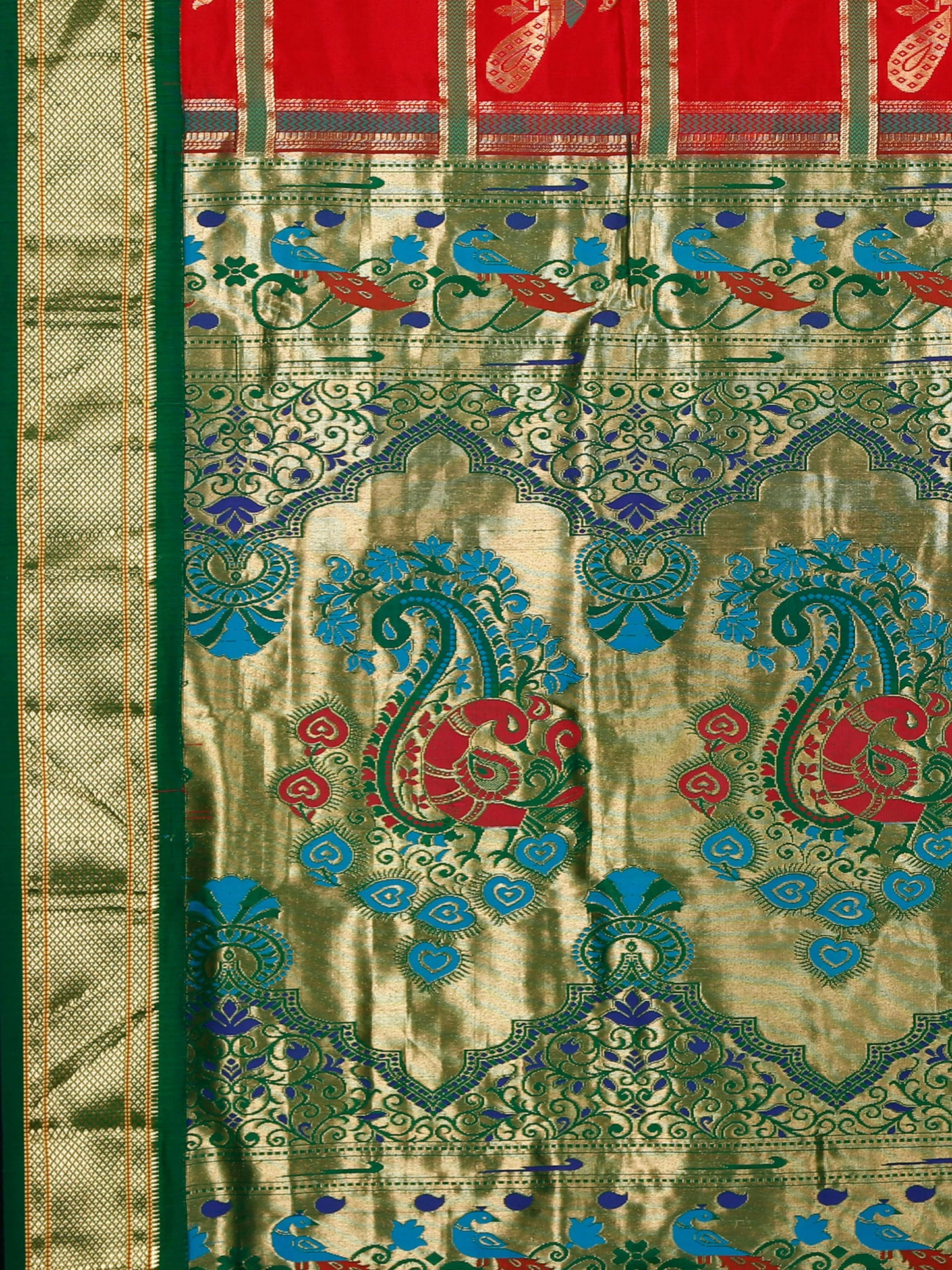 Red and green Paithani pure silk saree with golden zari and peacock motif