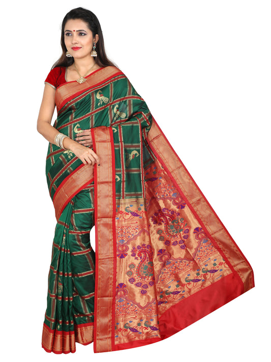 Green and red Paithani pure silk saree with golden zari pallu and peacock motifs