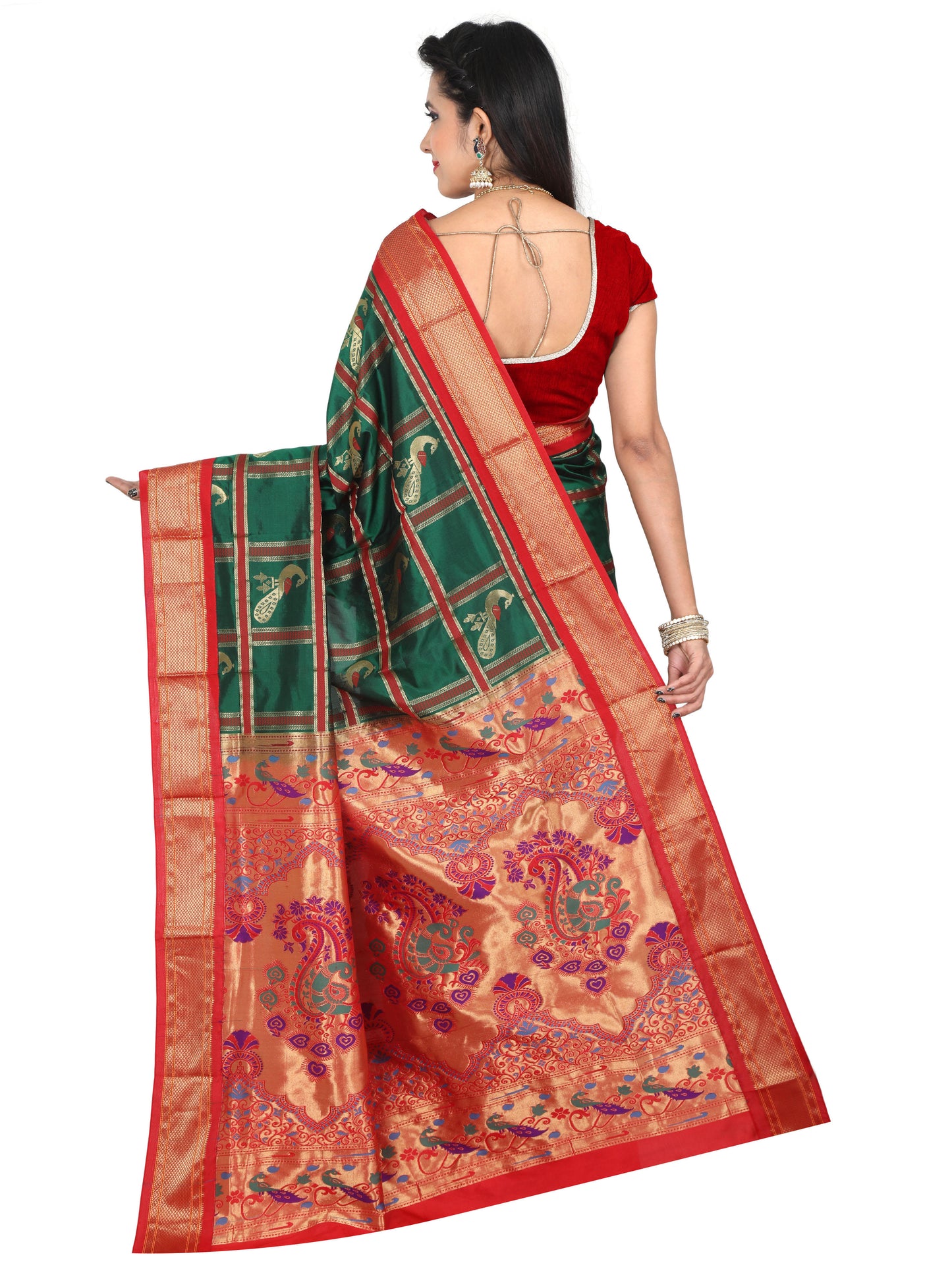 Green and red Paithani pure silk saree with golden zari pallu and peacock motifs
