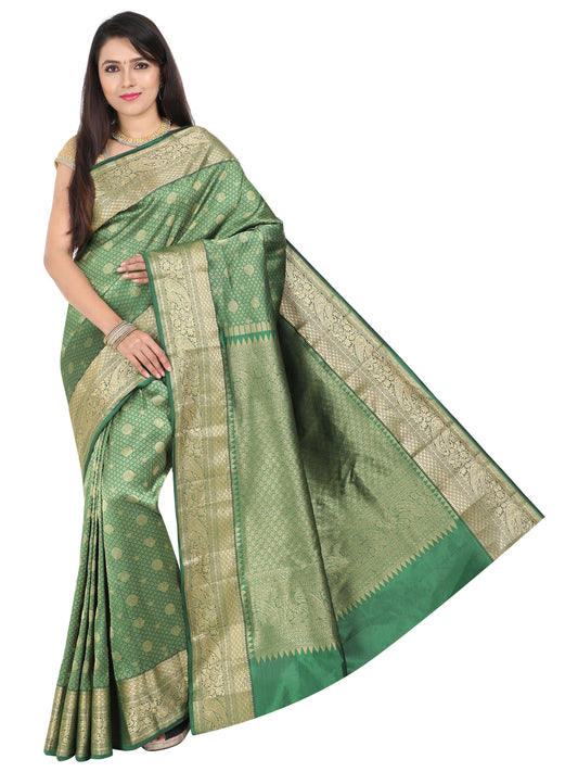 Green Kanchipuram style silk blend saree with golden zari weaving