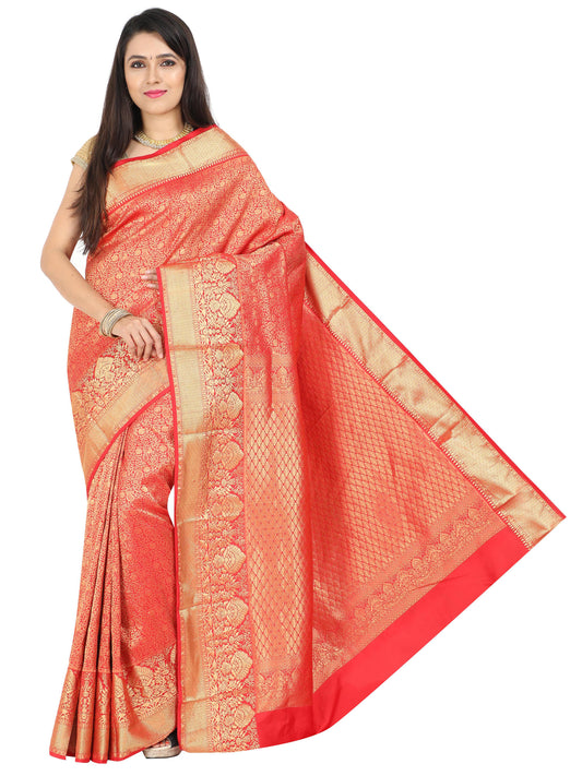 Coral red Kanchipuram pure silk saree with heavy golden zari weaving