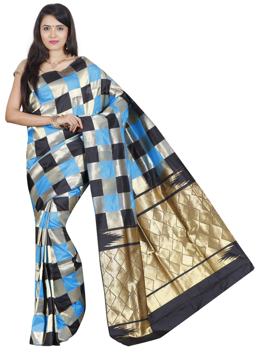 Black and blue Kanchipuram pure silk saree with golden zari checks from Akshaya Lakshmi Silks