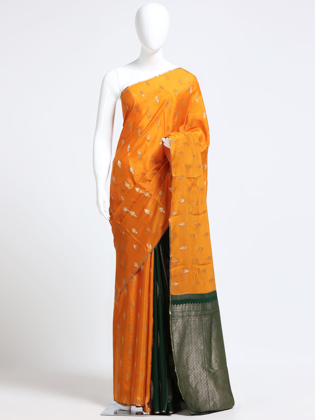 Mango Yellow Mysore Crepe Pure Silk Saree with silver gold zari floral butta body and contrast forest green paisley jaal pallu - mannequin front view