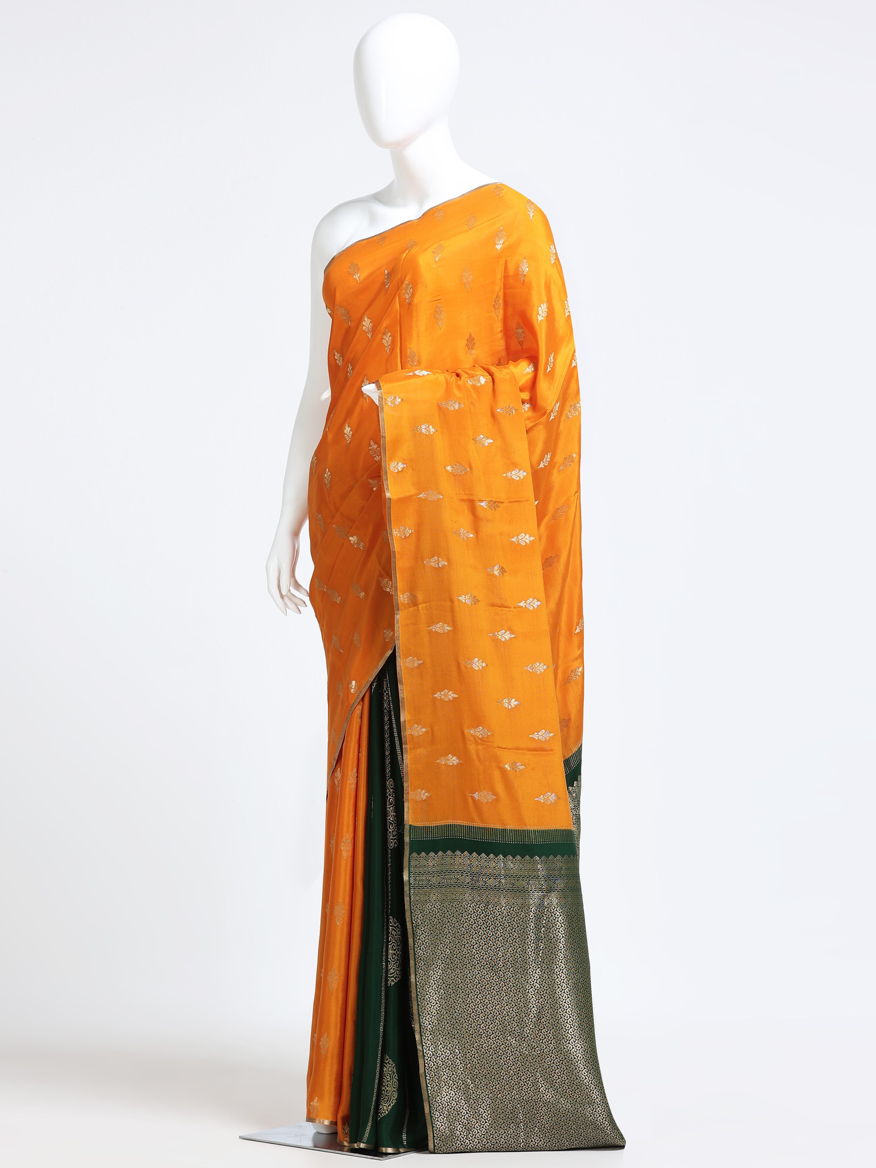 Mango Yellow Mysore Crepe Pure Silk Saree with silver gold zari floral butta body and contrast forest green paisley jaal pallu - mannequin side view