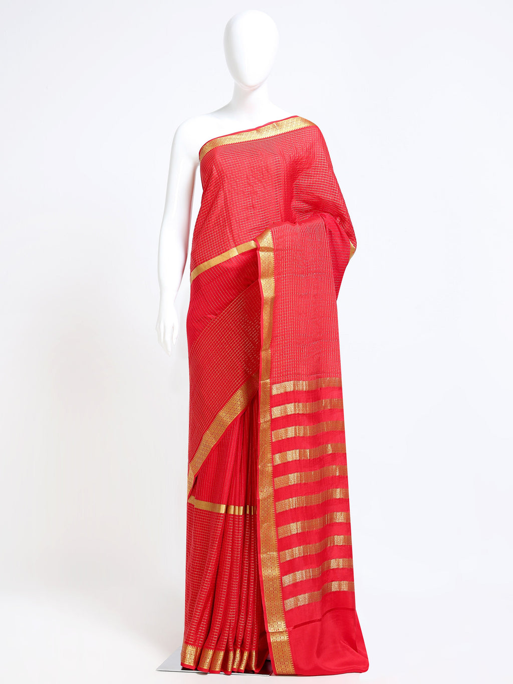 Red Mysore Crepe Pure Silk Saree with Golden Zari Stripe Pallu & Woven Border