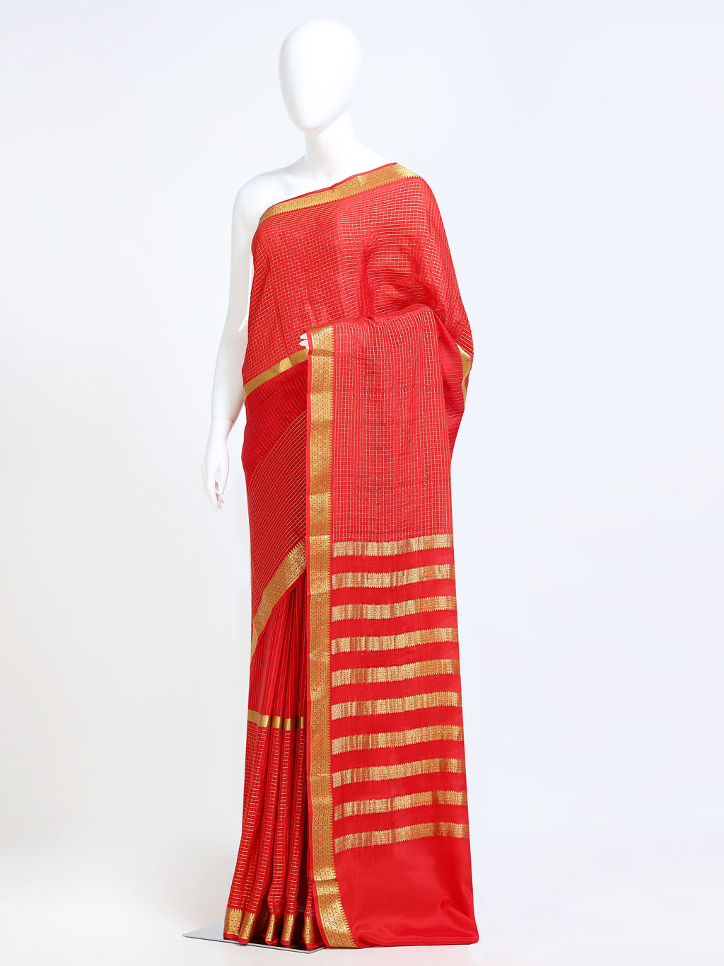 Red Mysore Crepe Pure Silk Saree with Golden Zari Stripe Pallu & Woven Border