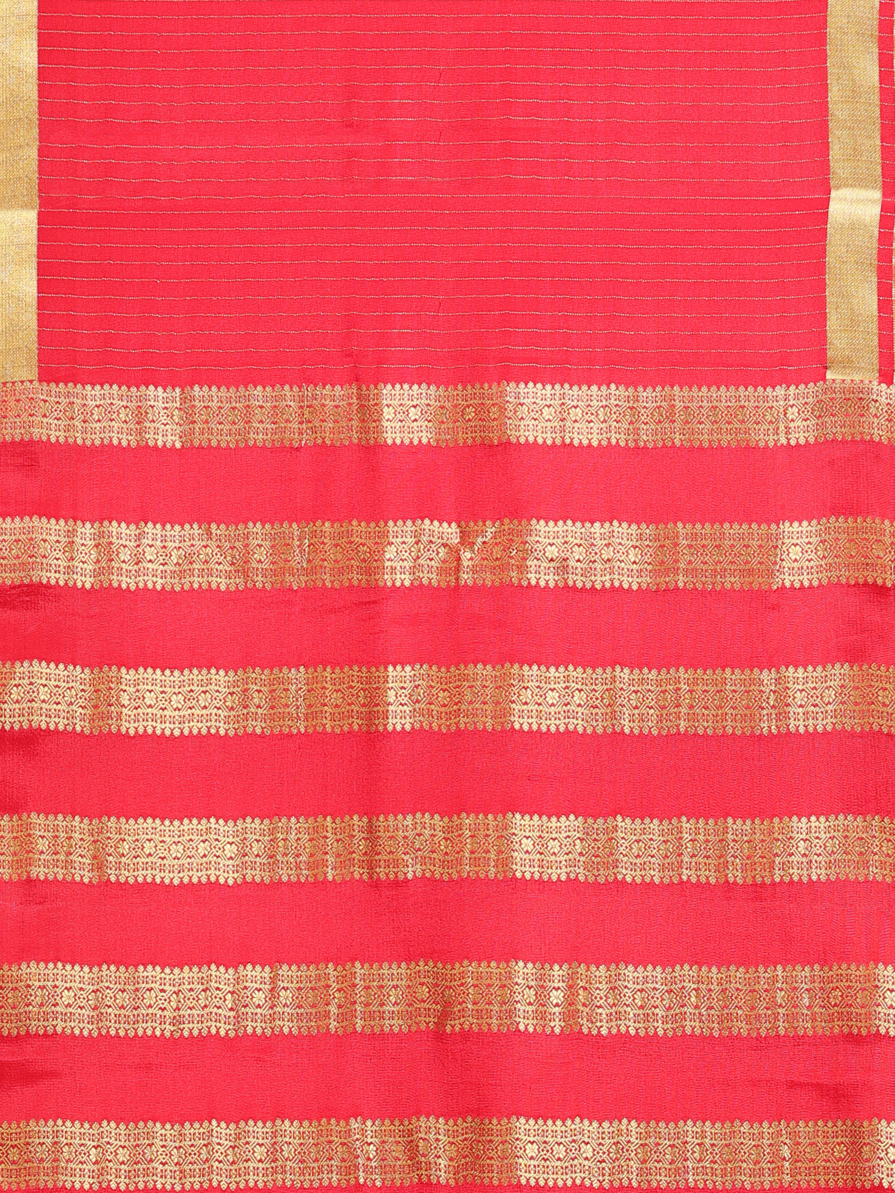 Red Mysore Crepe Pure Silk Saree with Golden Zari Stripe Pallu & Woven Border