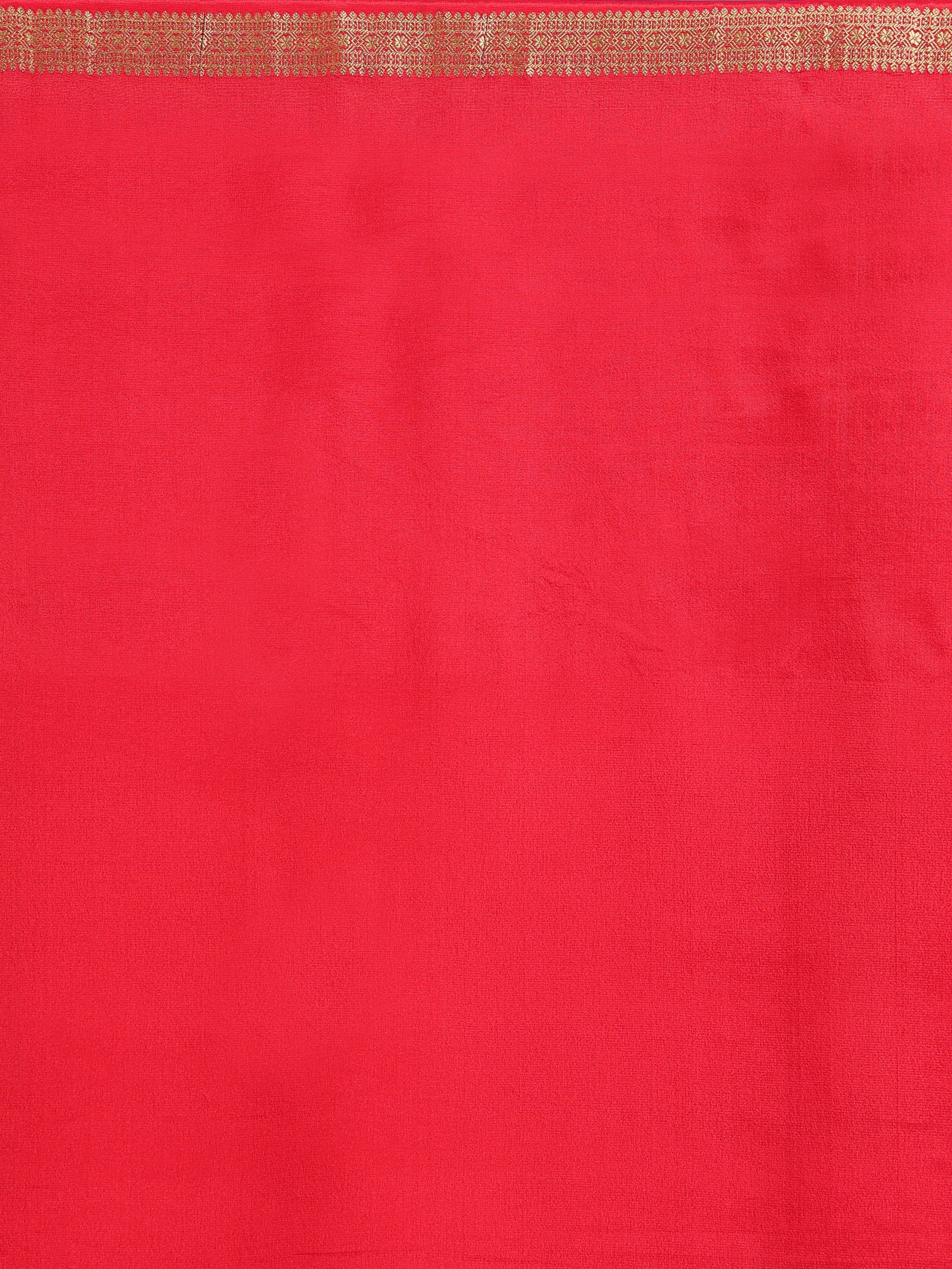 Red Mysore Crepe Pure Silk Saree with Golden Zari Stripe Pallu & Woven Border