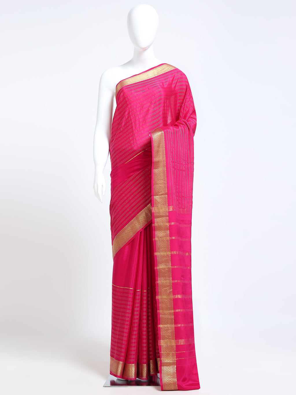Fuchsia Pink Mysore Crepe Pure Silk Saree with gold zari vertical stripes and wide stripe zari pallu - mannequin front view