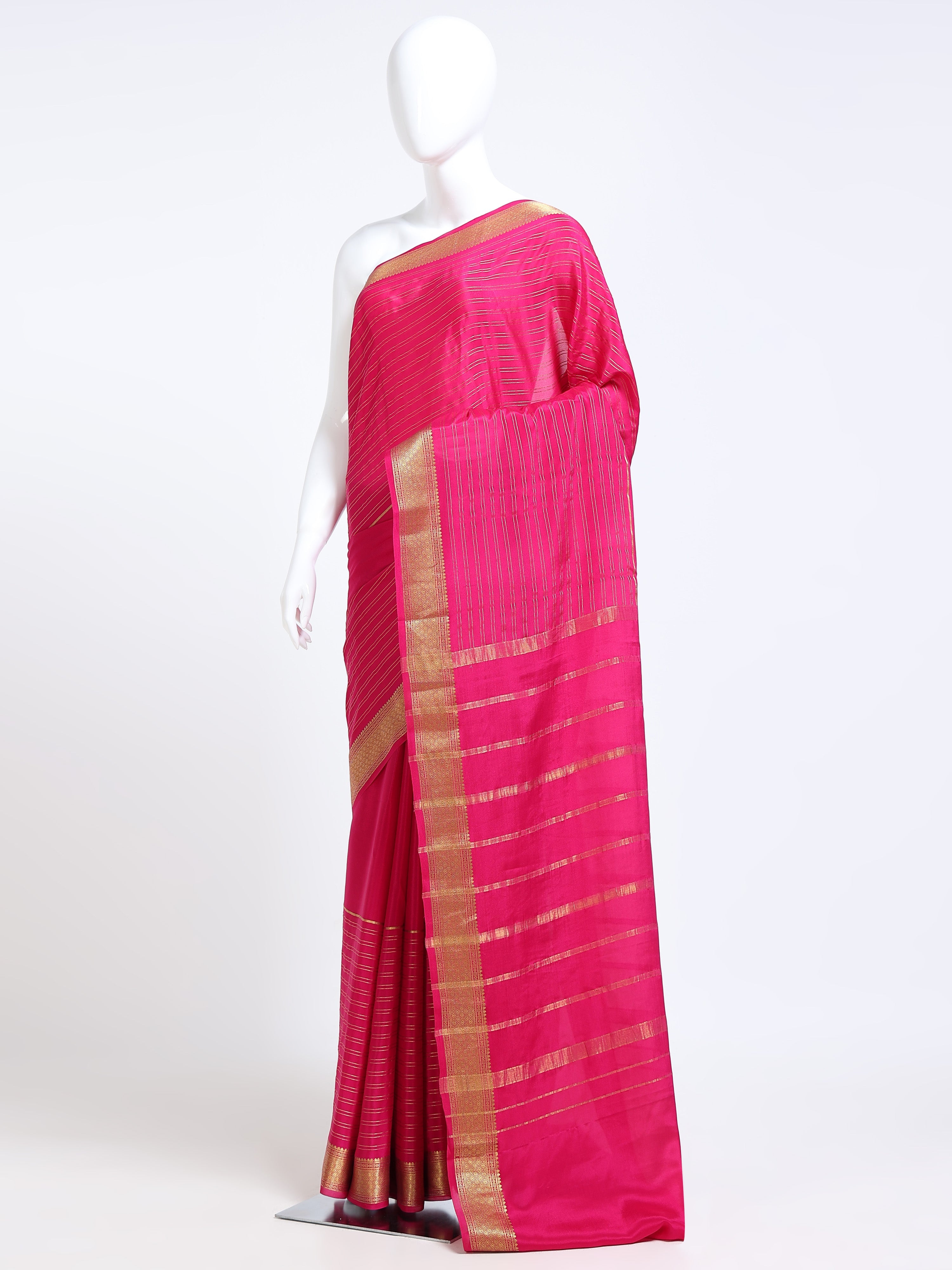 Fuchsia Pink Mysore Crepe Pure Silk Saree with gold zari stripe pallu - mannequin side view