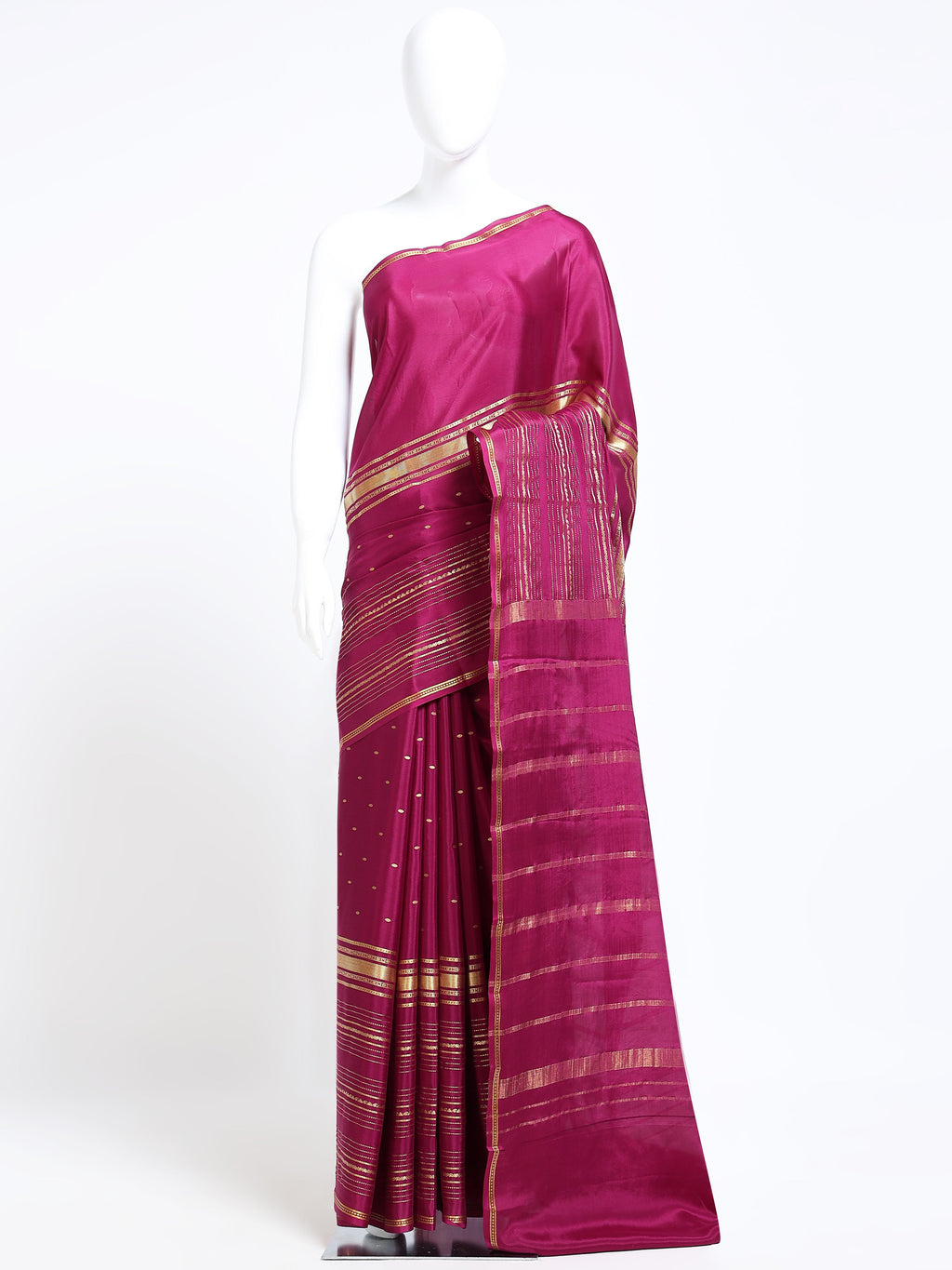 Rani Pink Mysore Crepe Pure Silk Saree with gold zari oval buttas and stripe zari pallu - mannequin front view