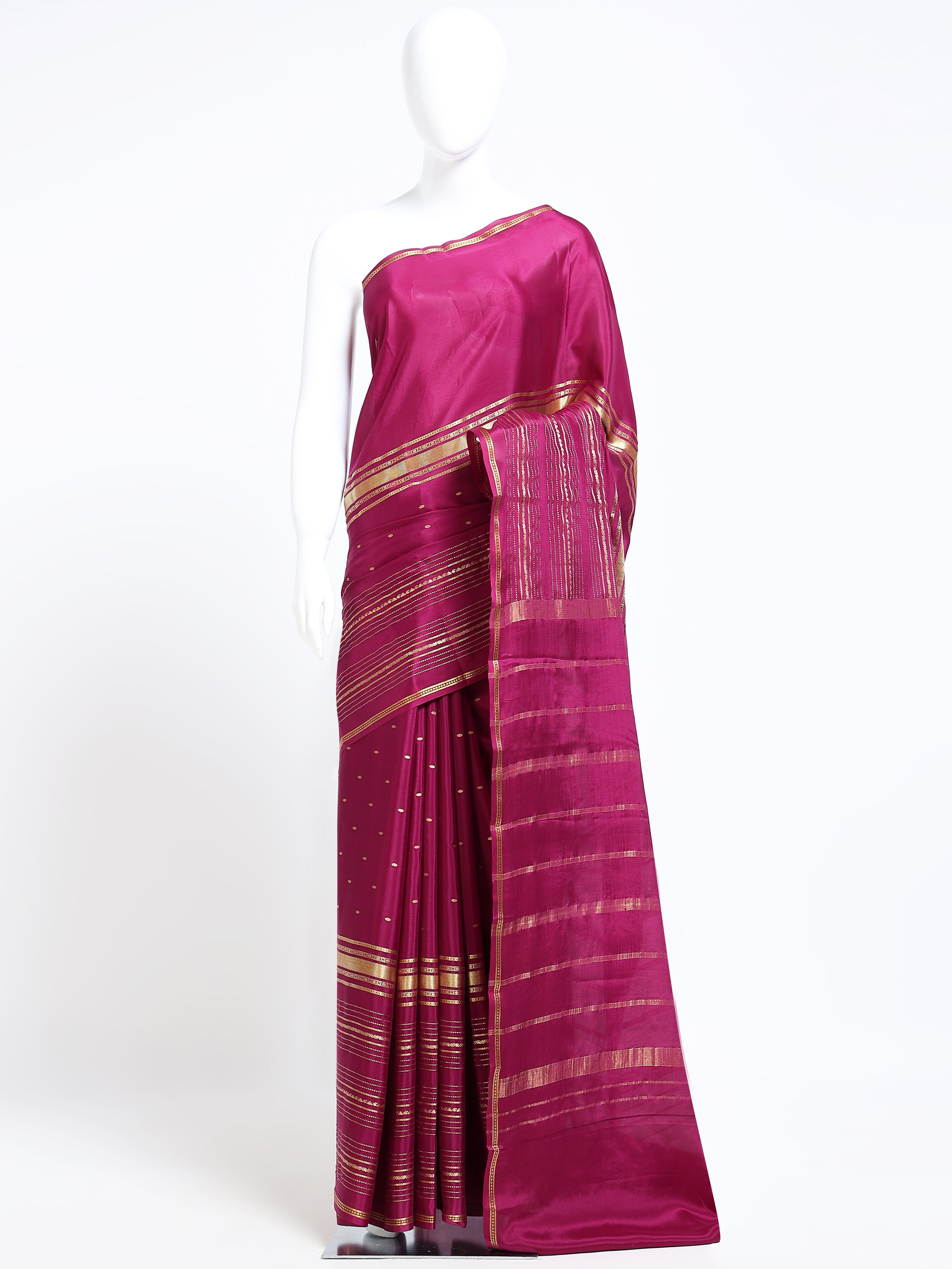 Rani Pink Mysore Crepe Pure Silk Saree with gold zari oval buttas and stripe zari pallu - mannequin front view