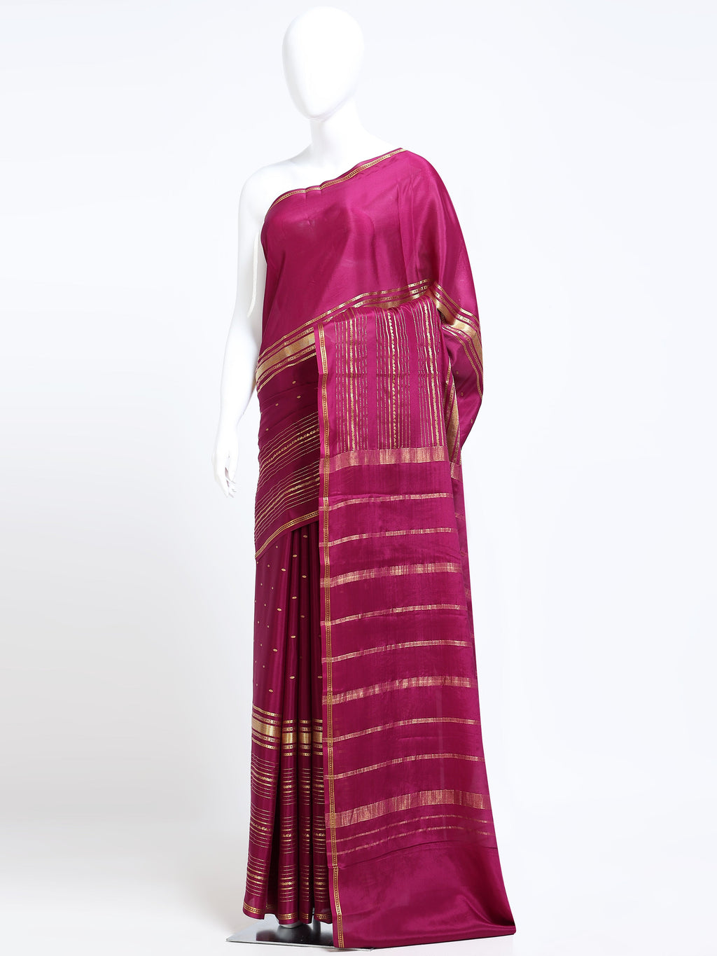 Rani Pink Mysore Crepe Pure Silk Saree with gold zari stripe pallu - mannequin side view