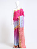 Multi-colour panel Mysore Crepe Pure Silk Saree with pink, lavender and blue ombre body and peach zari pallu - mannequin front view