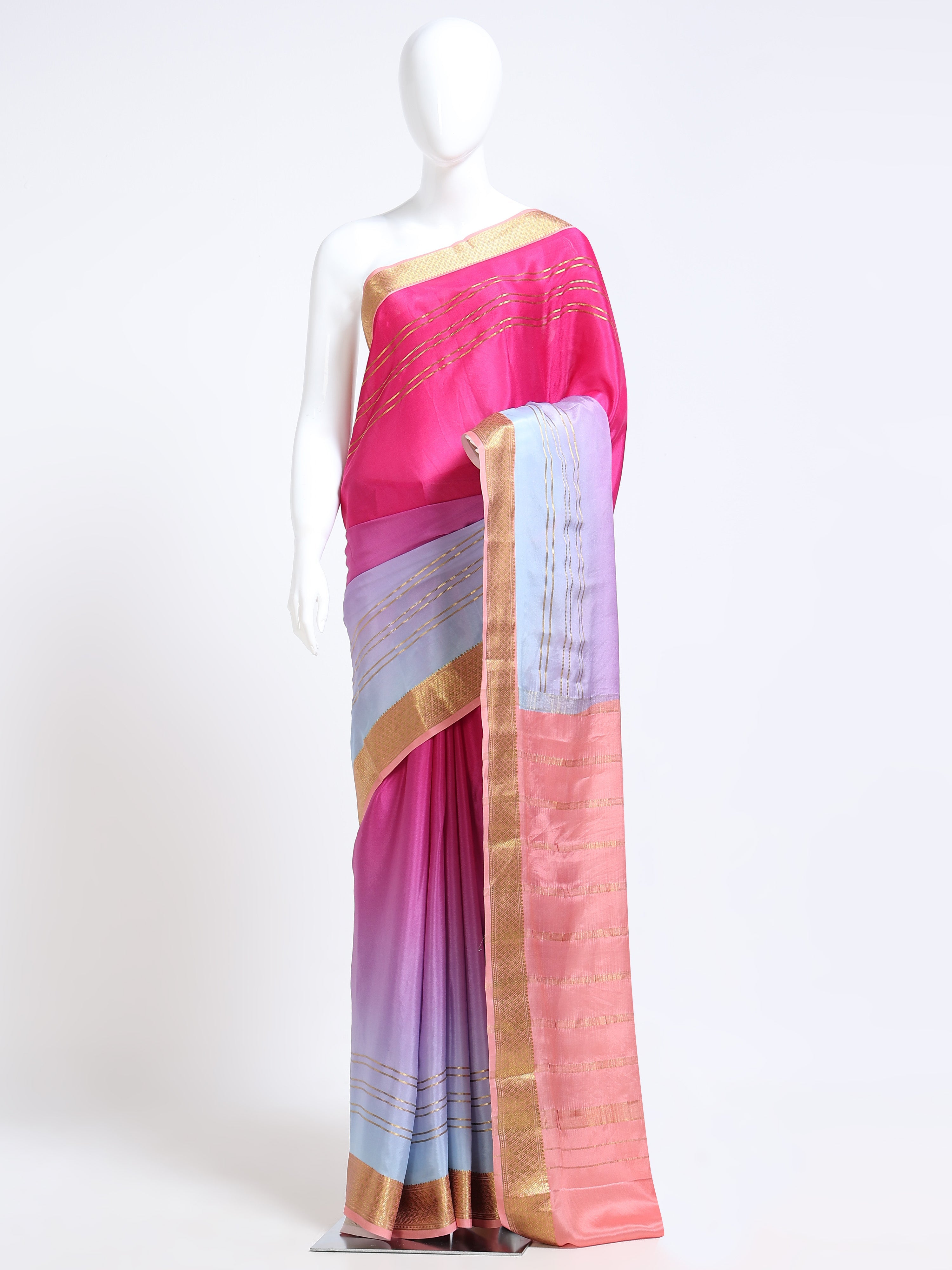 Multi-colour panel Mysore Crepe Pure Silk Saree with pink, lavender and blue ombre body and peach zari pallu - mannequin front view