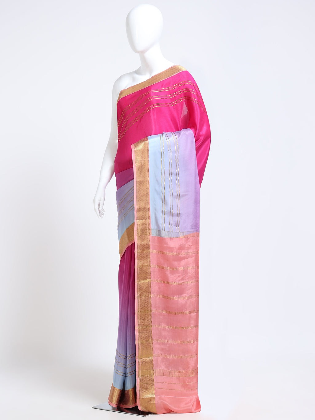 Multi-colour panel Mysore Crepe Pure Silk Saree with gold zari motifs and peach zari pallu - mannequin side view