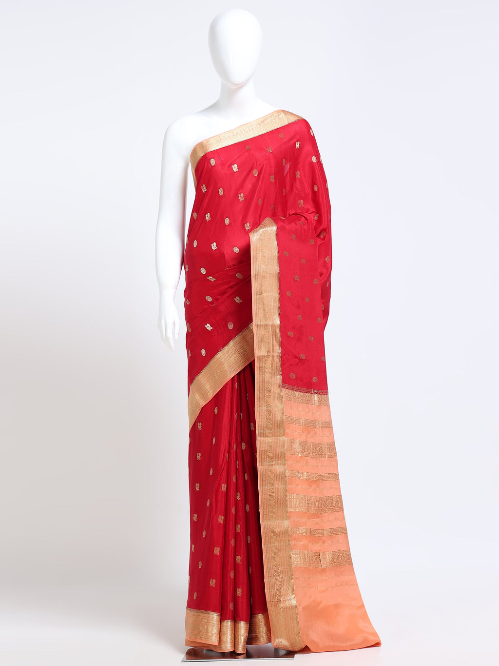 Crimson Red Mysore Crepe Pure Silk Saree with gold zari medallion buttas and contrast peach zari pallu - mannequin front view