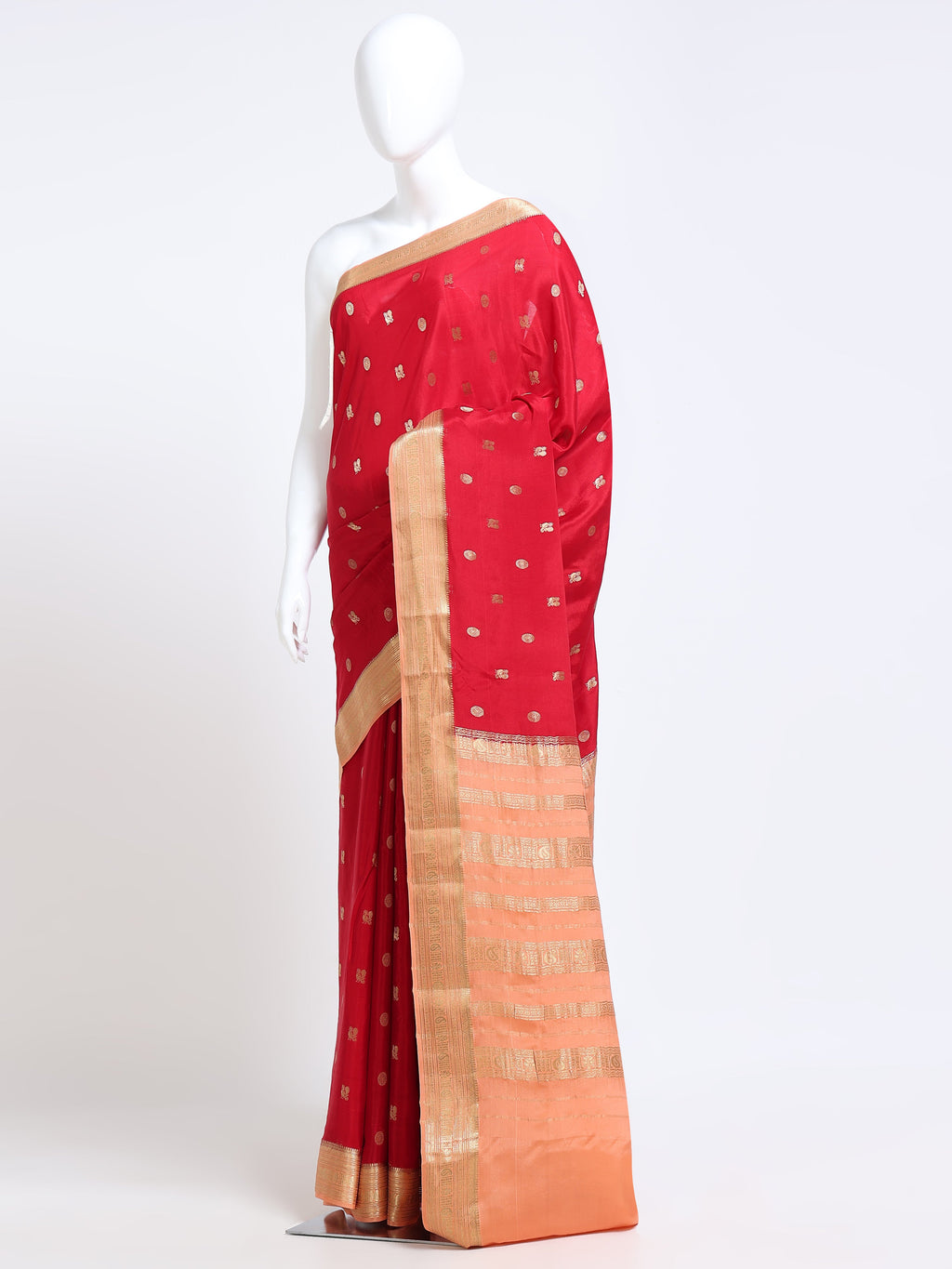 Crimson Red Mysore Crepe Pure Silk Saree with contrast peach zari pallu - mannequin side view