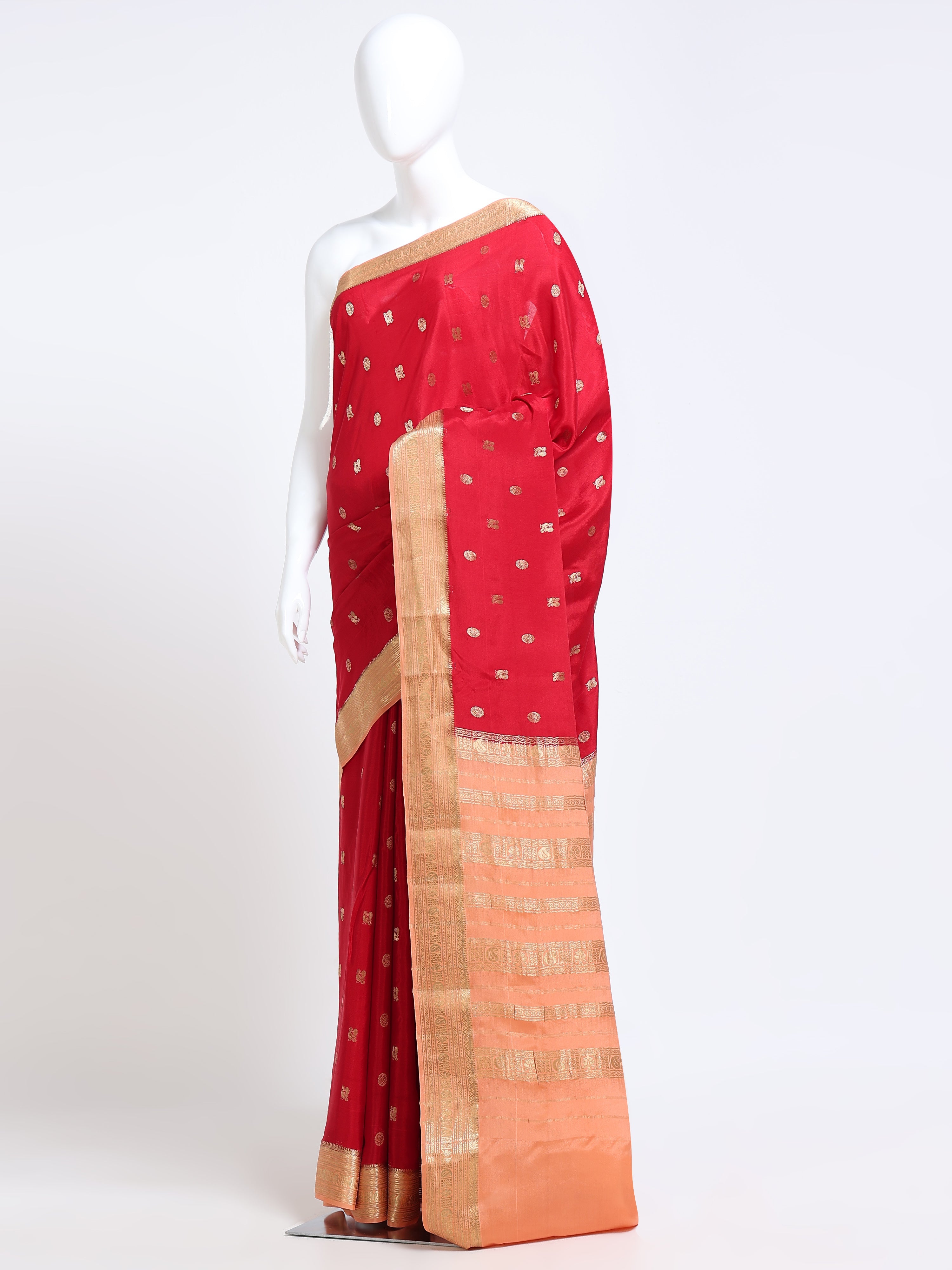 Crimson Red Mysore Crepe Pure Silk Saree with contrast peach zari pallu - mannequin side view