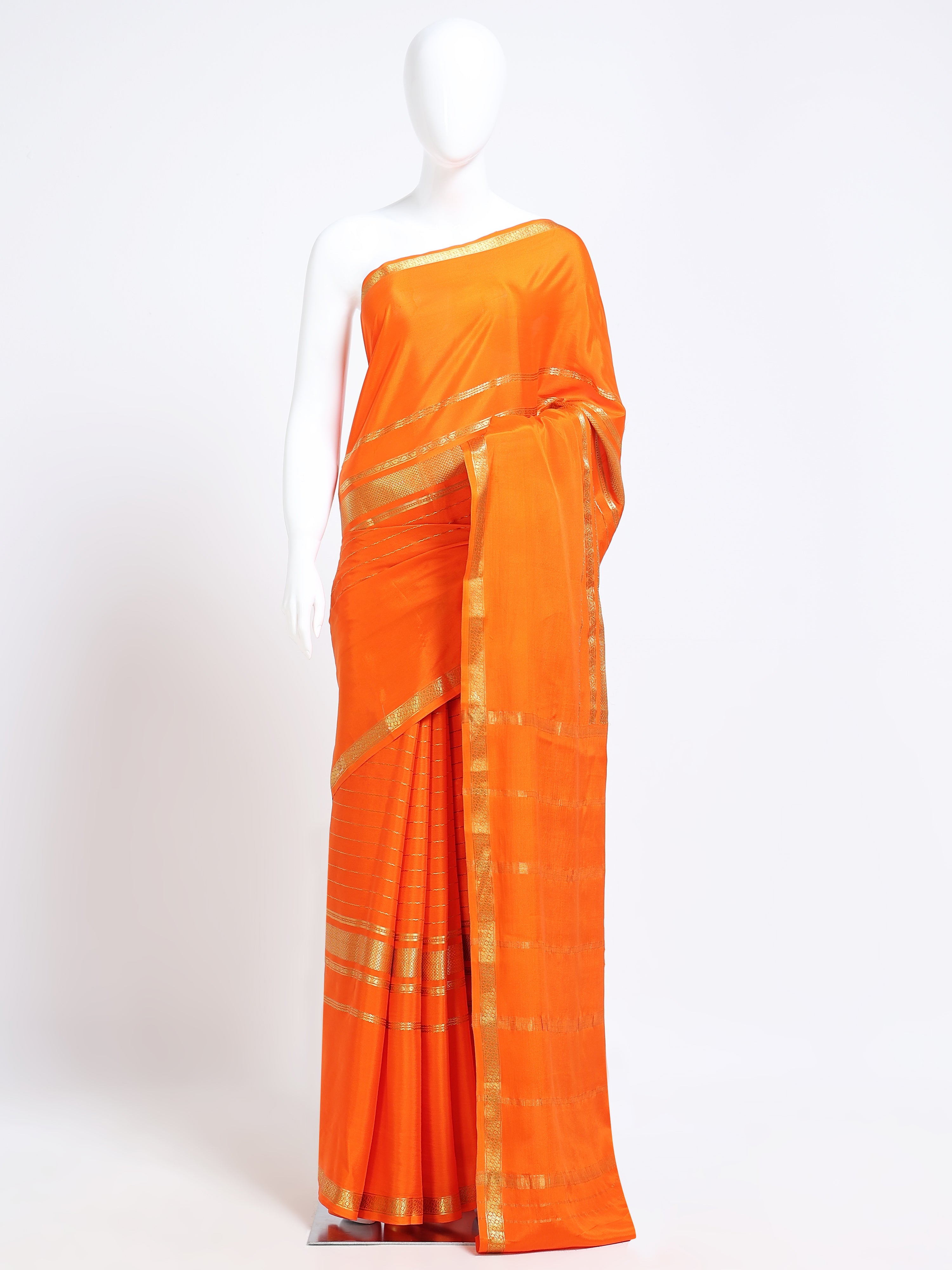 Tangerine Orange Mysore Crepe Pure Silk Saree with wide gold zari temple border and stripe zari pallu - mannequin front view