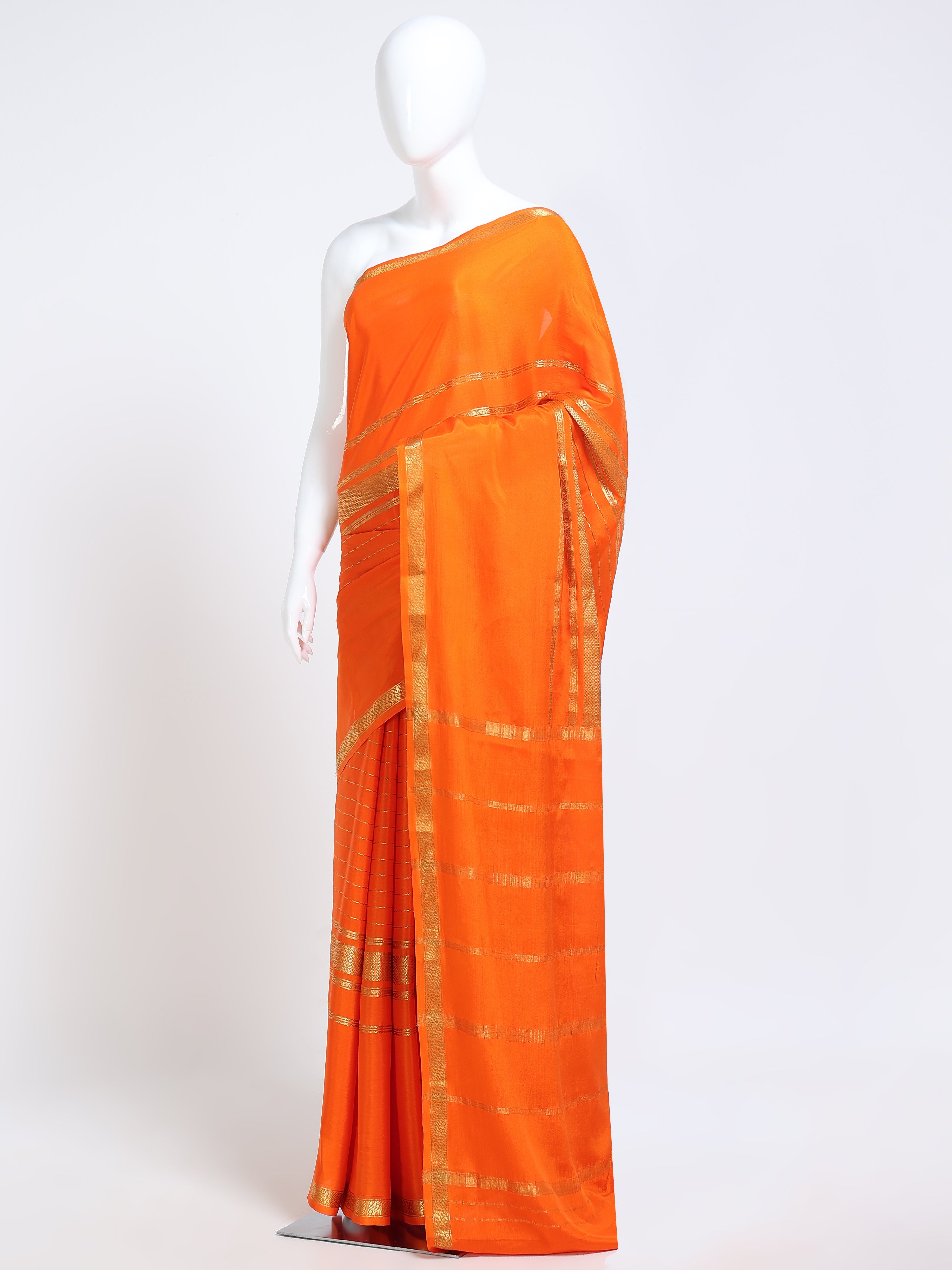 Tangerine Orange Mysore Crepe Pure Silk Saree with gold zari temple border - mannequin side view