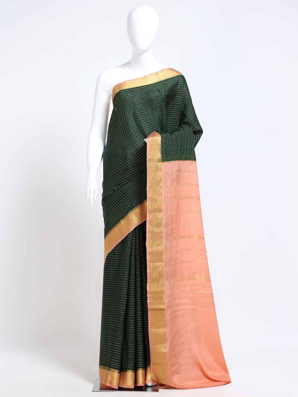 Bottle Green Mysore Crepe Pure Silk Saree with gold zari check body and contrast peach zari pallu - mannequin front view