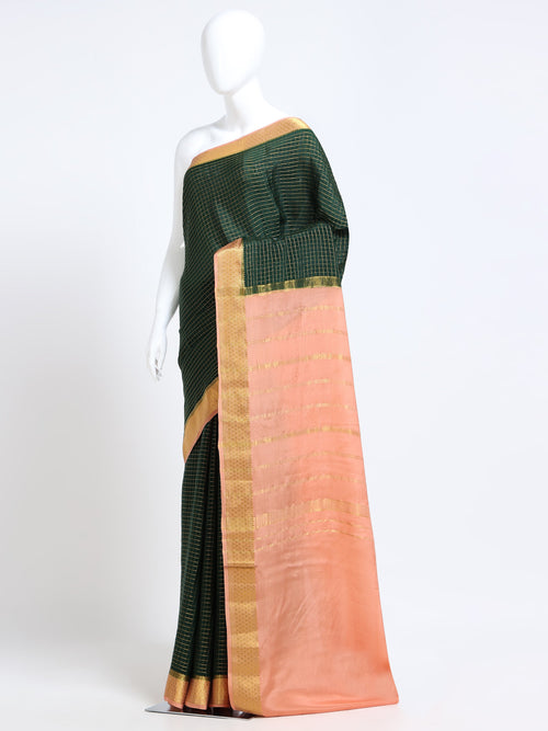 Bottle Green Mysore Crepe Pure Silk Saree with contrast peach zari pallu - mannequin side view