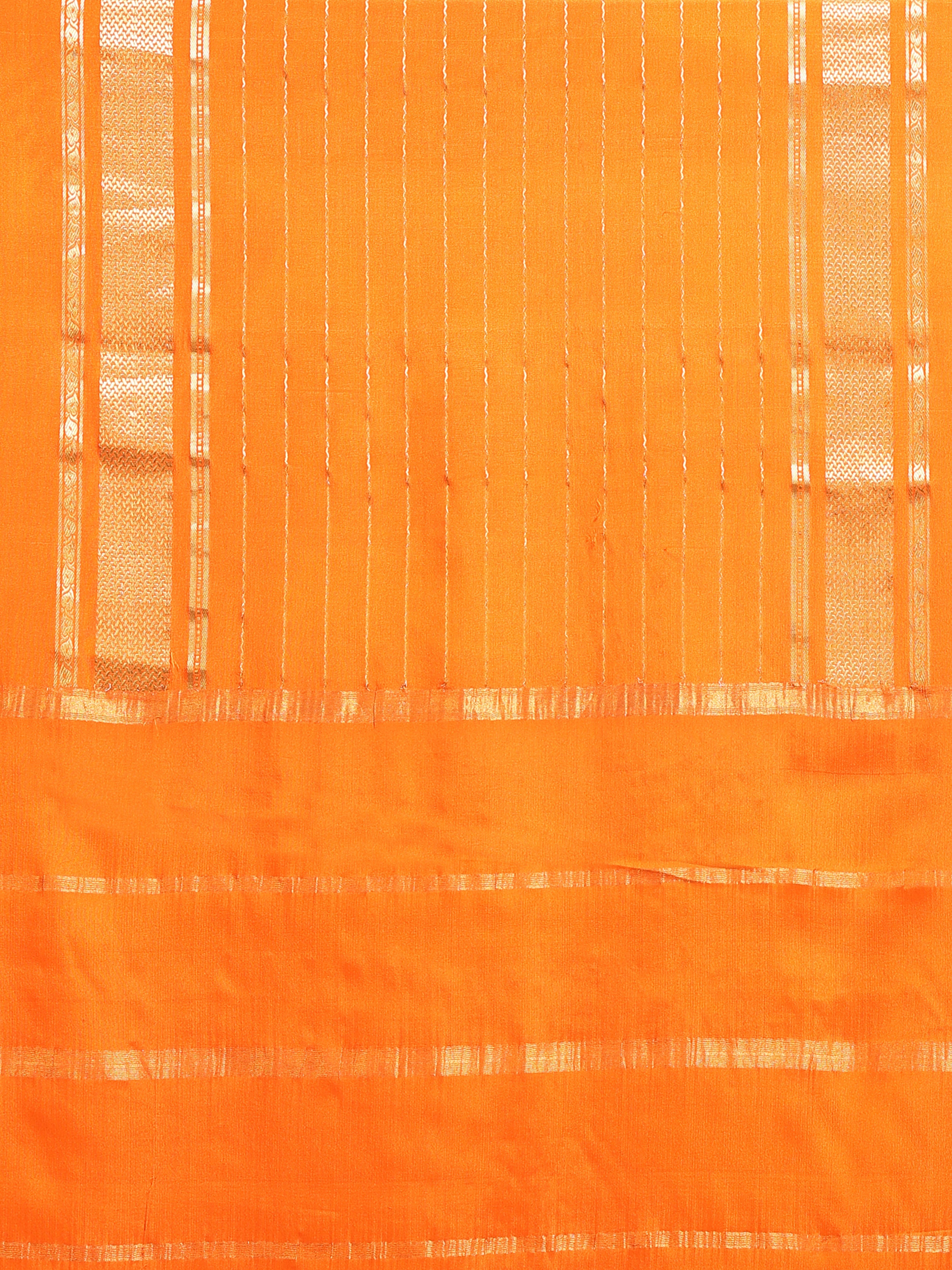 Close up of tangerine orange pallu with fine vertical gold zari stripe lines and horizontal gold zari dash rows
