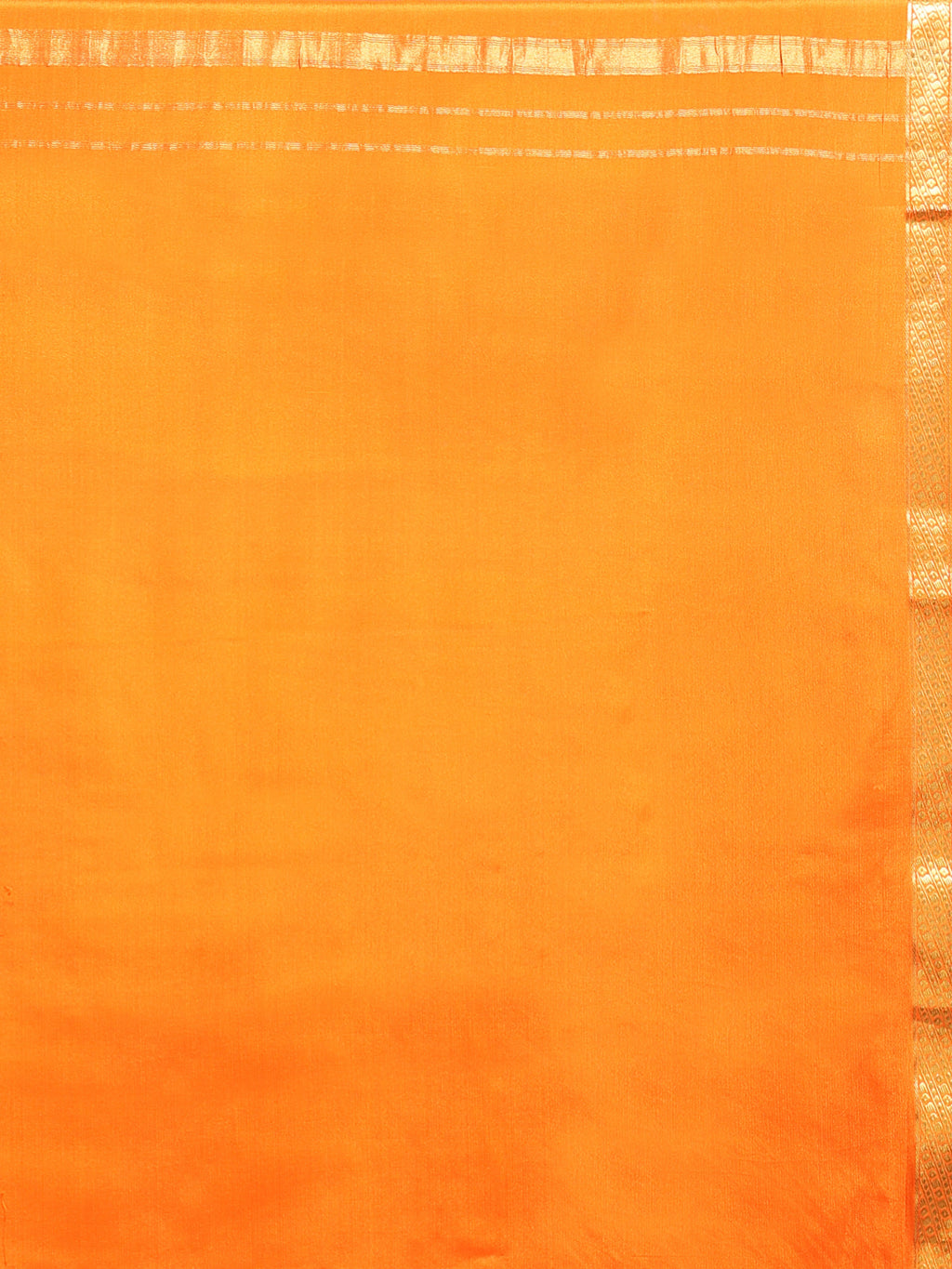 Close up of tangerine orange silk body with subtle self-woven texture and wide gold zari temple border