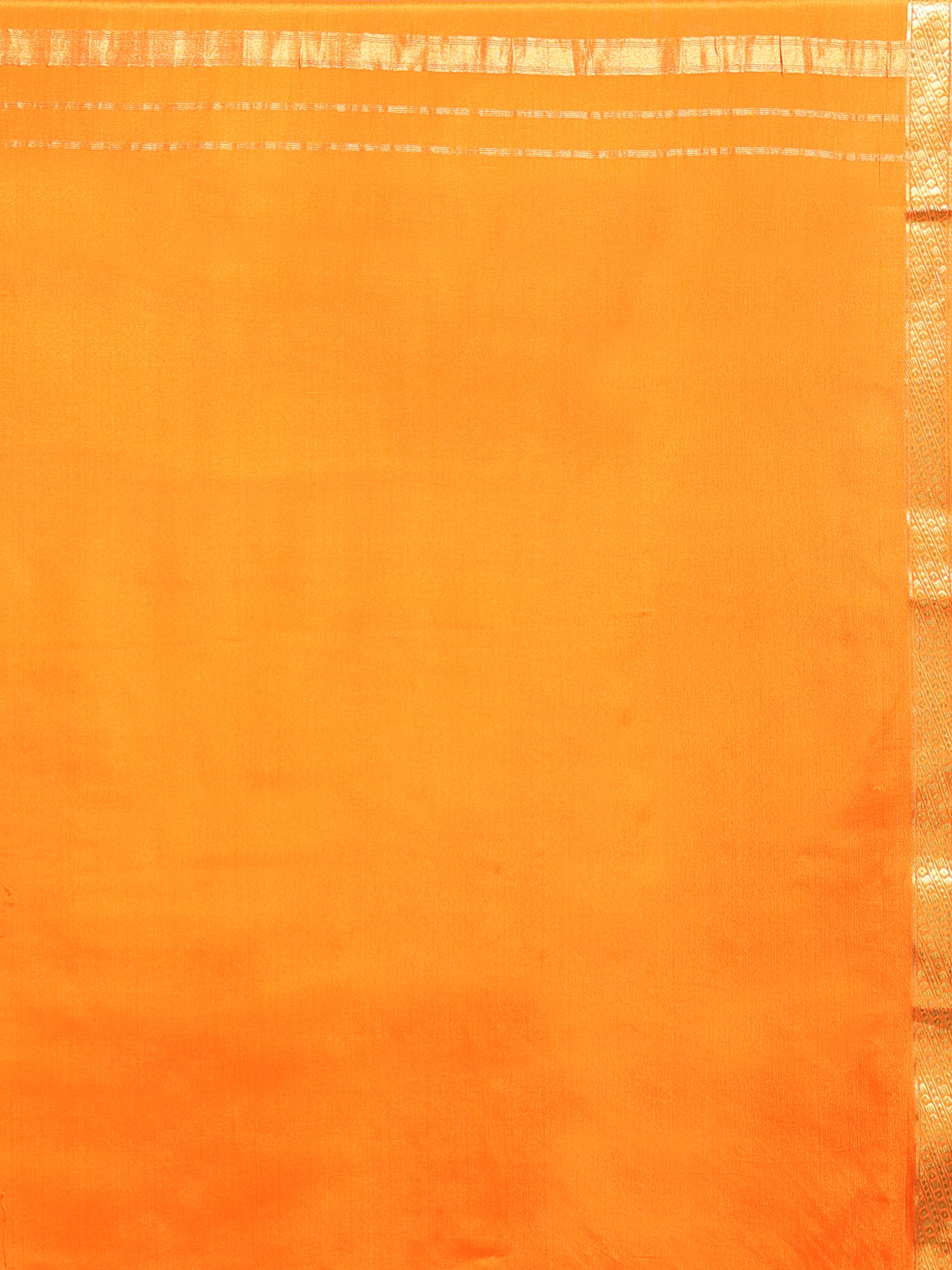 Close up of tangerine orange silk body with subtle self-woven texture and wide gold zari temple border