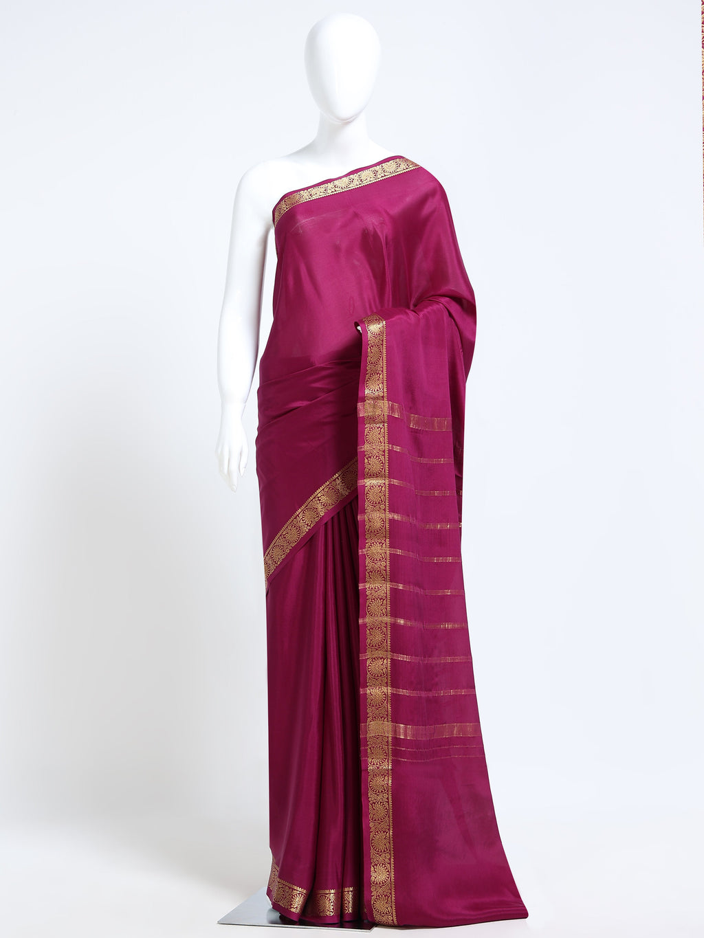 Wine Pink Mysore Crepe Pure Silk Saree with gold zari floral medallion border and stripe zari pallu - mannequin front view