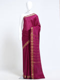 Wine Pink Mysore Crepe Pure Silk Saree with gold zari floral medallion border and stripe zari pallu - mannequin front view