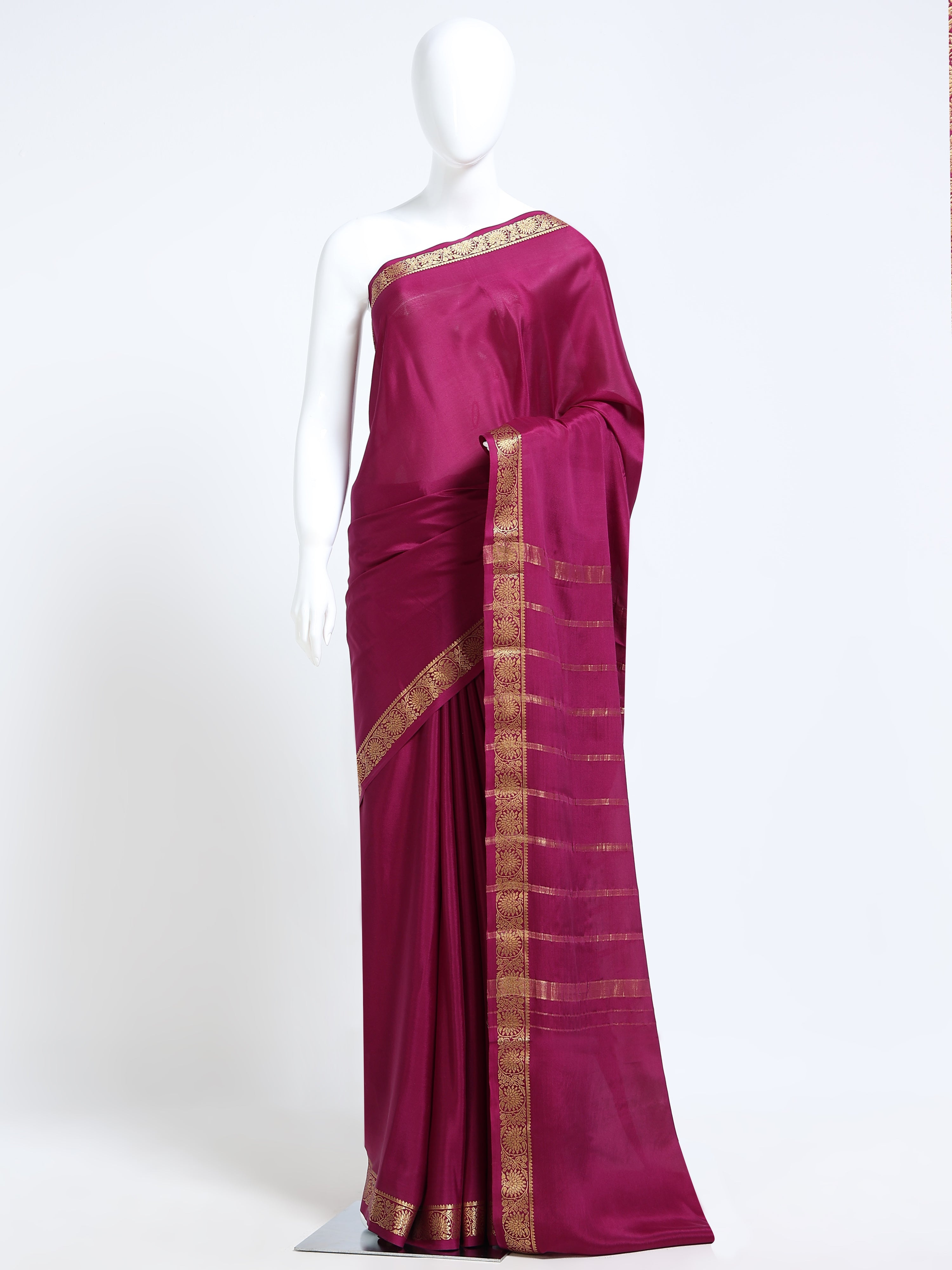 Wine Pink Mysore Crepe Pure Silk Saree with gold zari floral medallion border and stripe zari pallu - mannequin front view