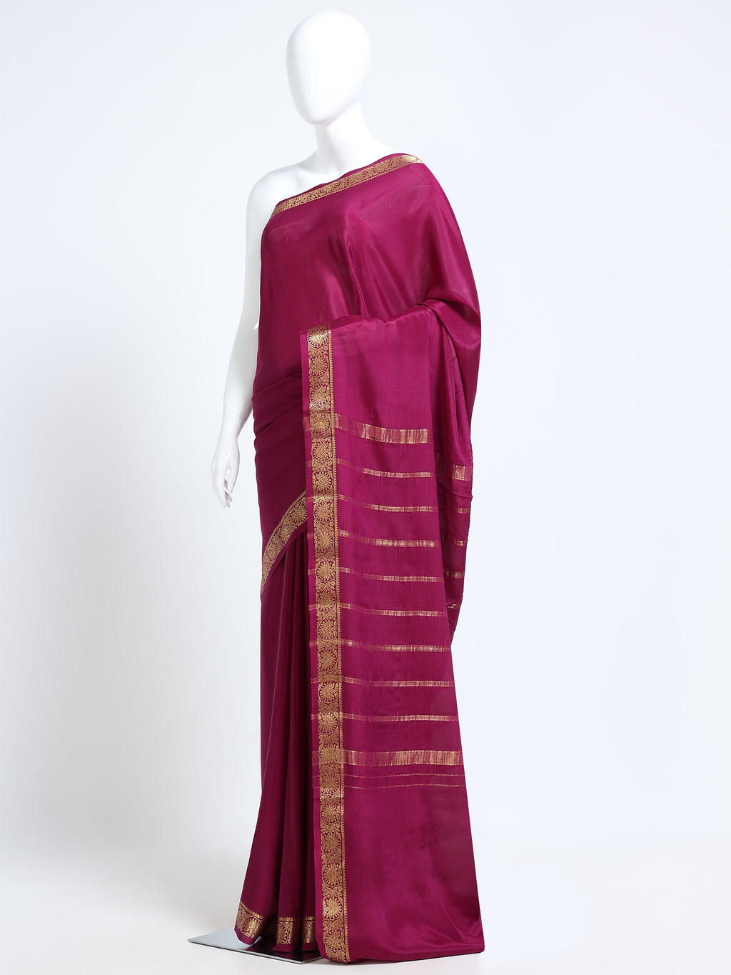 Wine Pink Mysore Crepe Pure Silk Saree with gold zari medallion border - mannequin side view