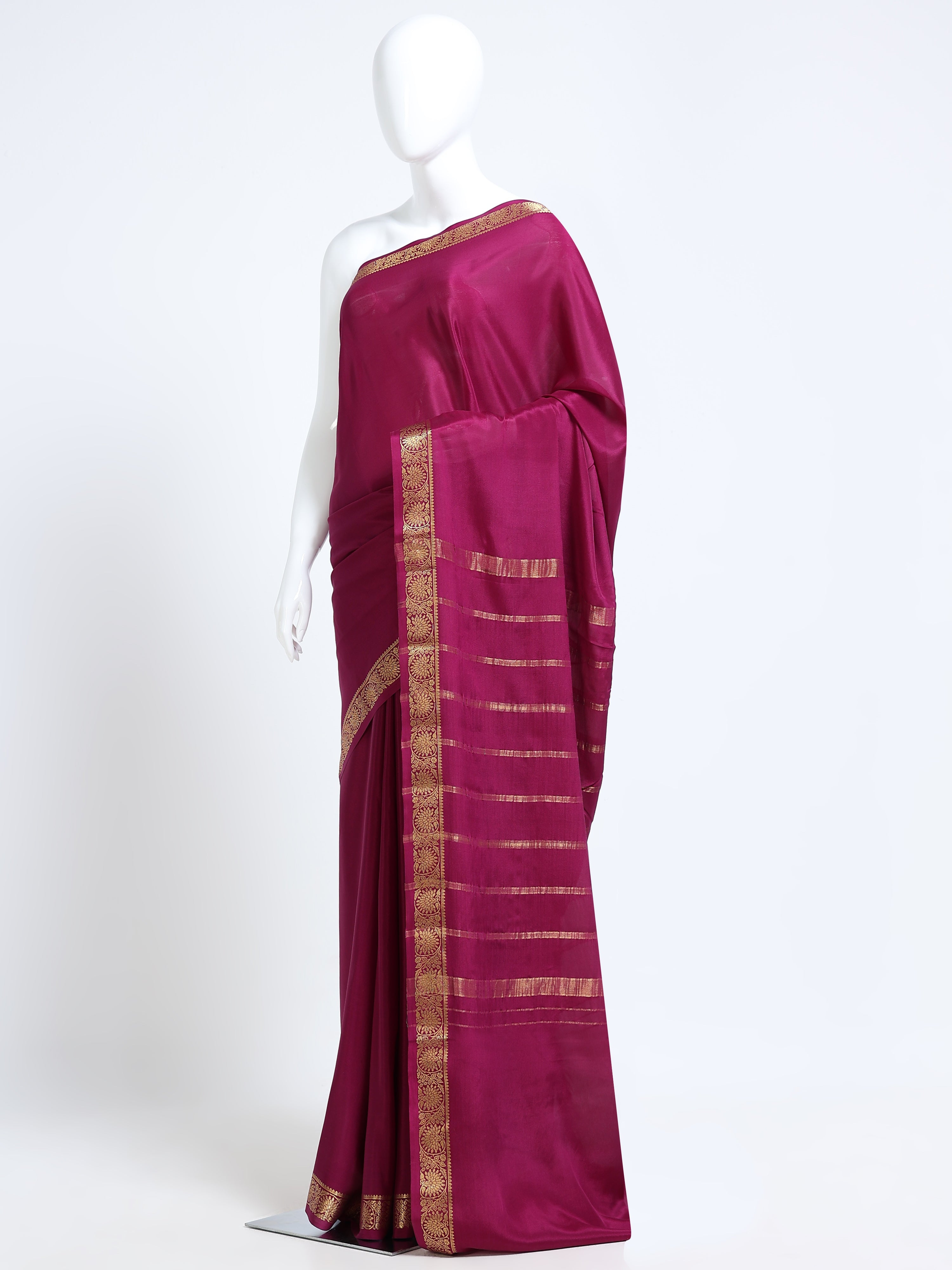Wine Pink Mysore Crepe Pure Silk Saree with gold zari medallion border - mannequin side view