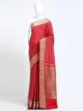 Coral Red Mysore Crepe Pure Silk Saree with gold zari fine stripe body and all-over jaal zari pallu - mannequin front view