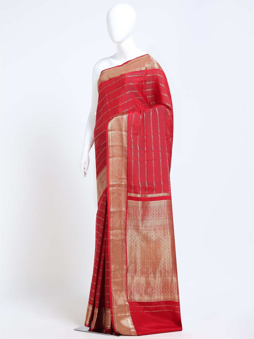 Coral Red Mysore Crepe Pure Silk Saree with heavily woven gold jaal pallu - mannequin side view