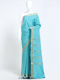 Turquoise Blue Mysore Crepe Pure Silk Saree with gold zari large check body and geometric stripe pallu - mannequin front view
