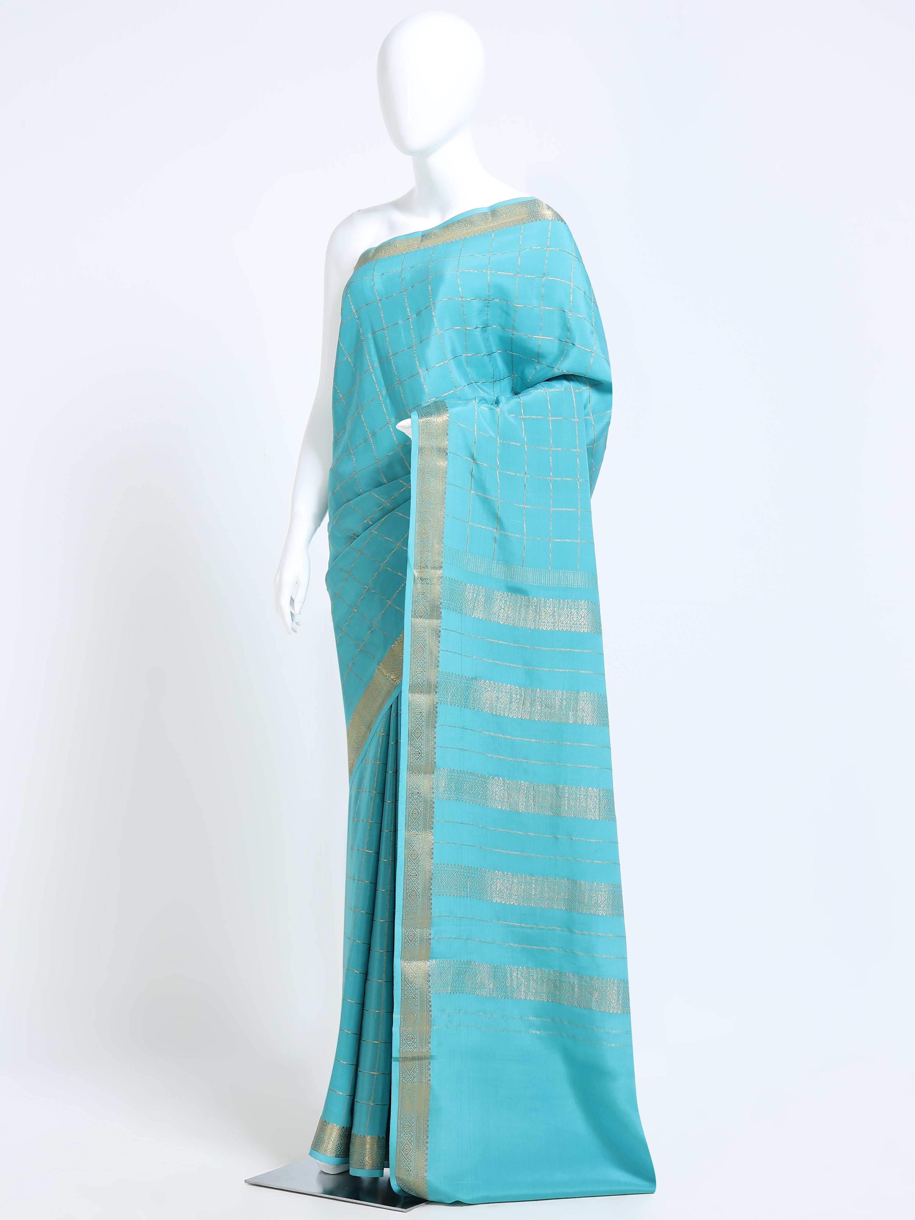 Turquoise Blue Mysore Crepe Pure Silk Saree with gold zari geometric stripe pallu - mannequin side view