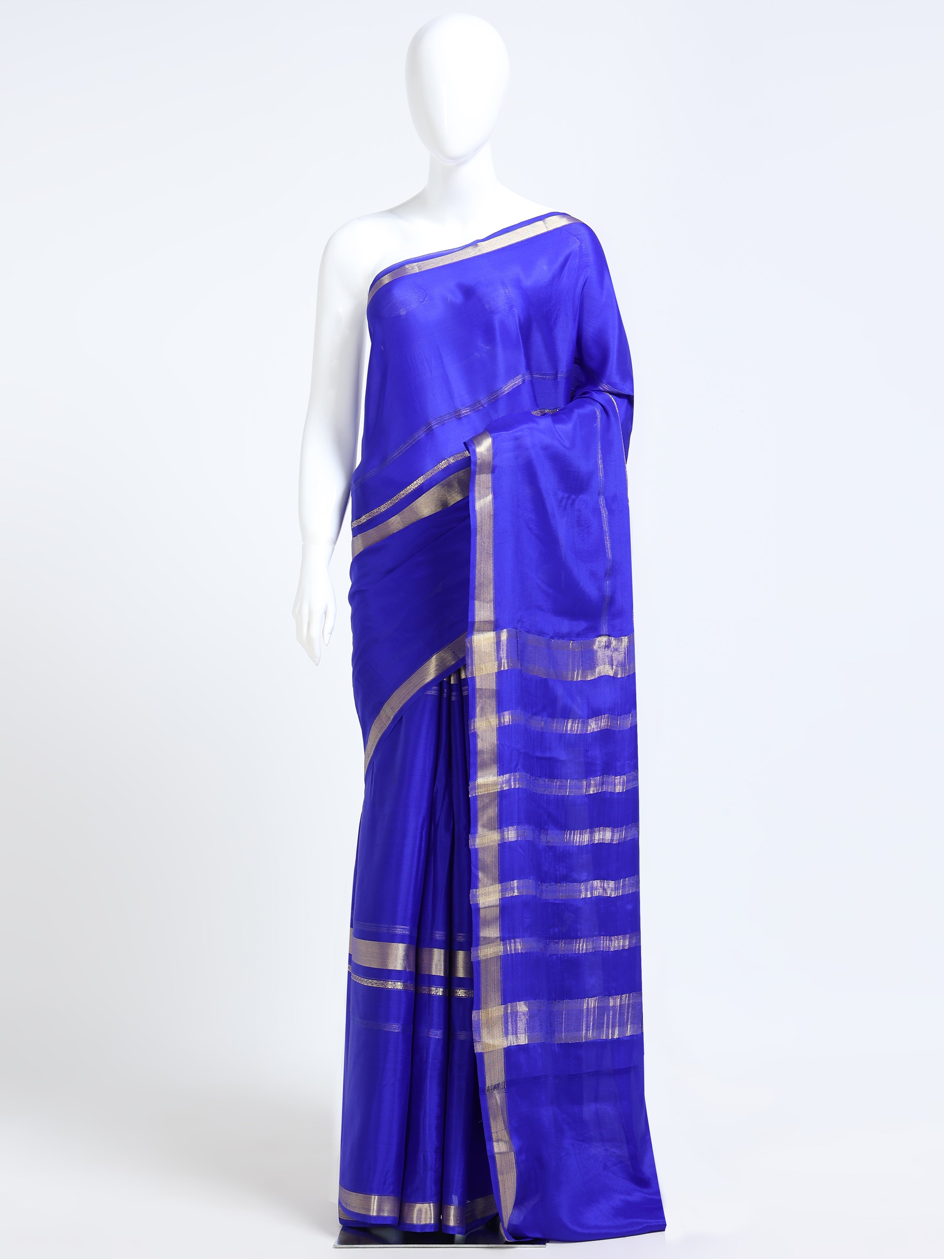Royal Blue Mysore Crepe Pure Silk Saree with silver zari stripe body and bold wide stripe zari pallu - mannequin front view