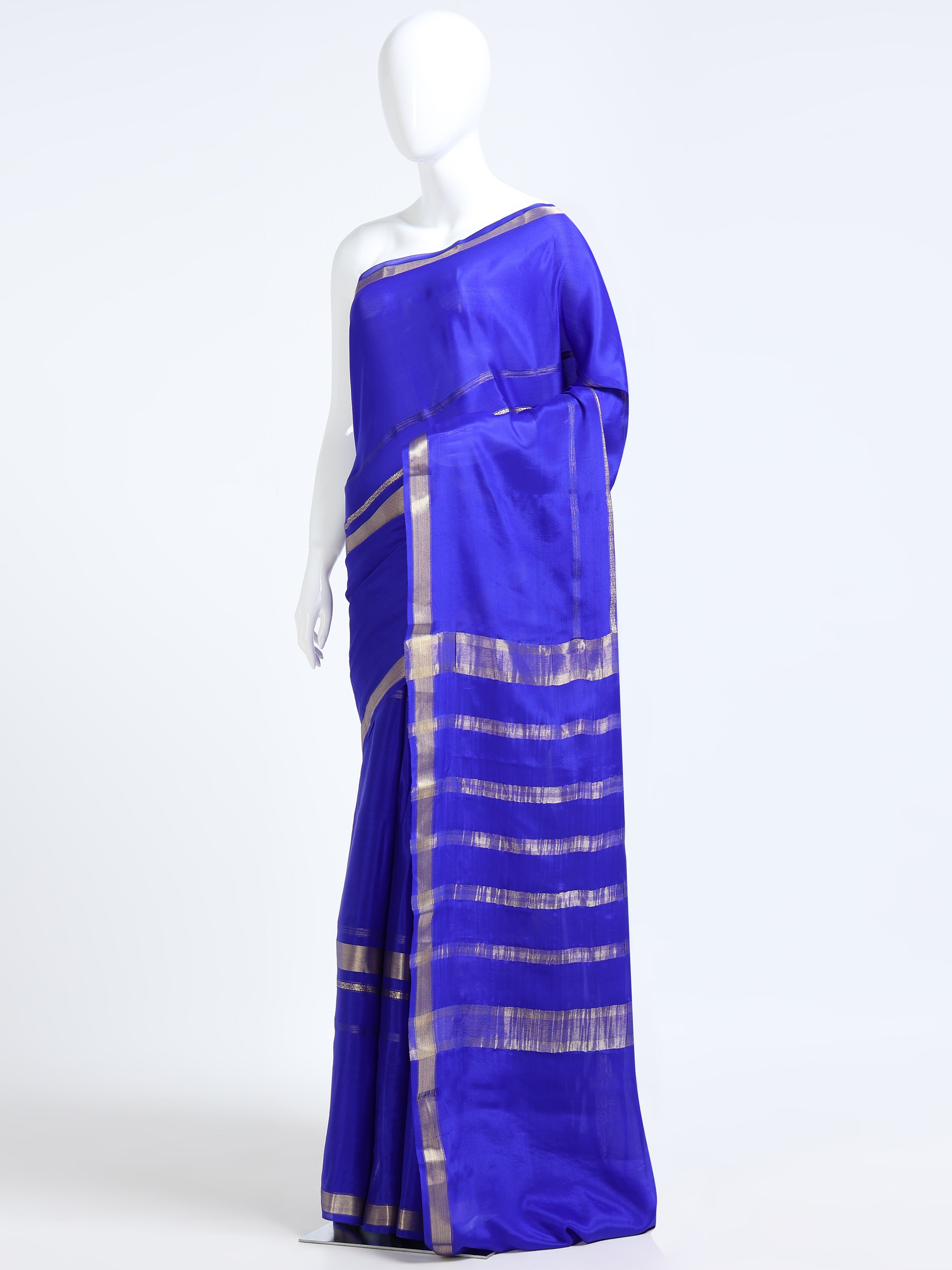 Royal Blue Mysore Crepe Pure Silk Saree with bold wide silver zari stripe pallu - mannequin side view