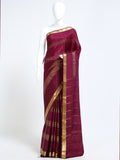 Burgundy Mysore Crepe Pure Silk Saree with gold zari clustered stripe body and wide diamond border - mannequin front view