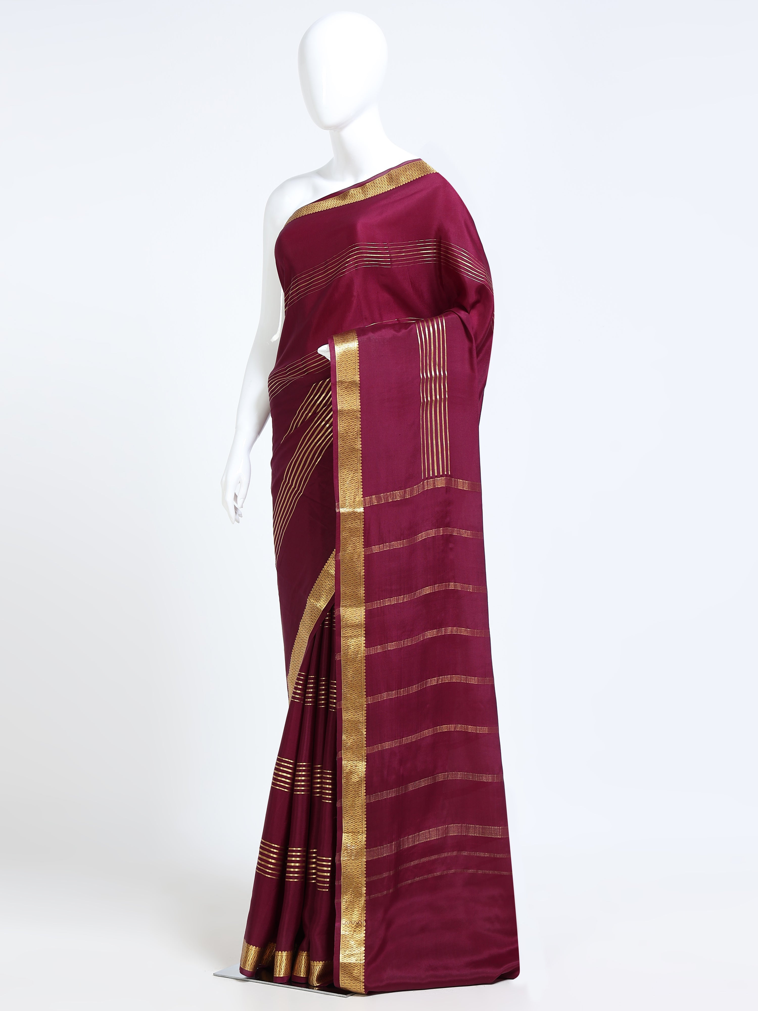 Burgundy Mysore Crepe Pure Silk Saree with gold zari clustered stripe panels - mannequin side view