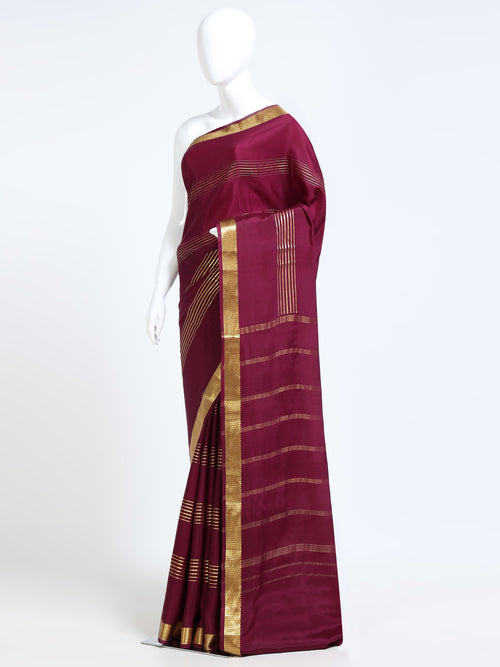 Burgundy Mysore Crepe Pure Silk Saree with gold zari clustered stripe panels - mannequin side view
