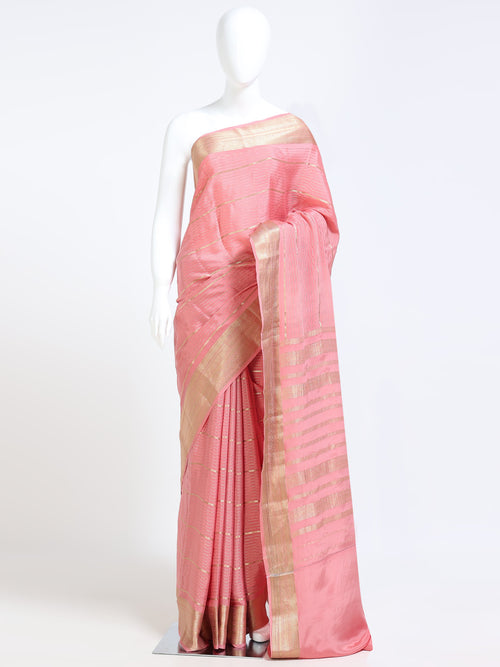 Baby Pink Mysore Crepe Pure Silk Saree with large gold zari check pallu - mannequin front view