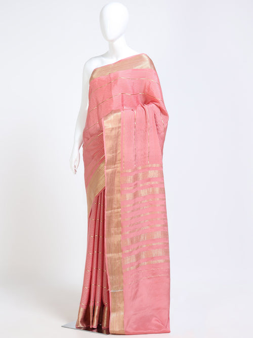 Baby Pink Mysore Crepe Pure Silk Saree with gold zari check pallu - mannequin side view