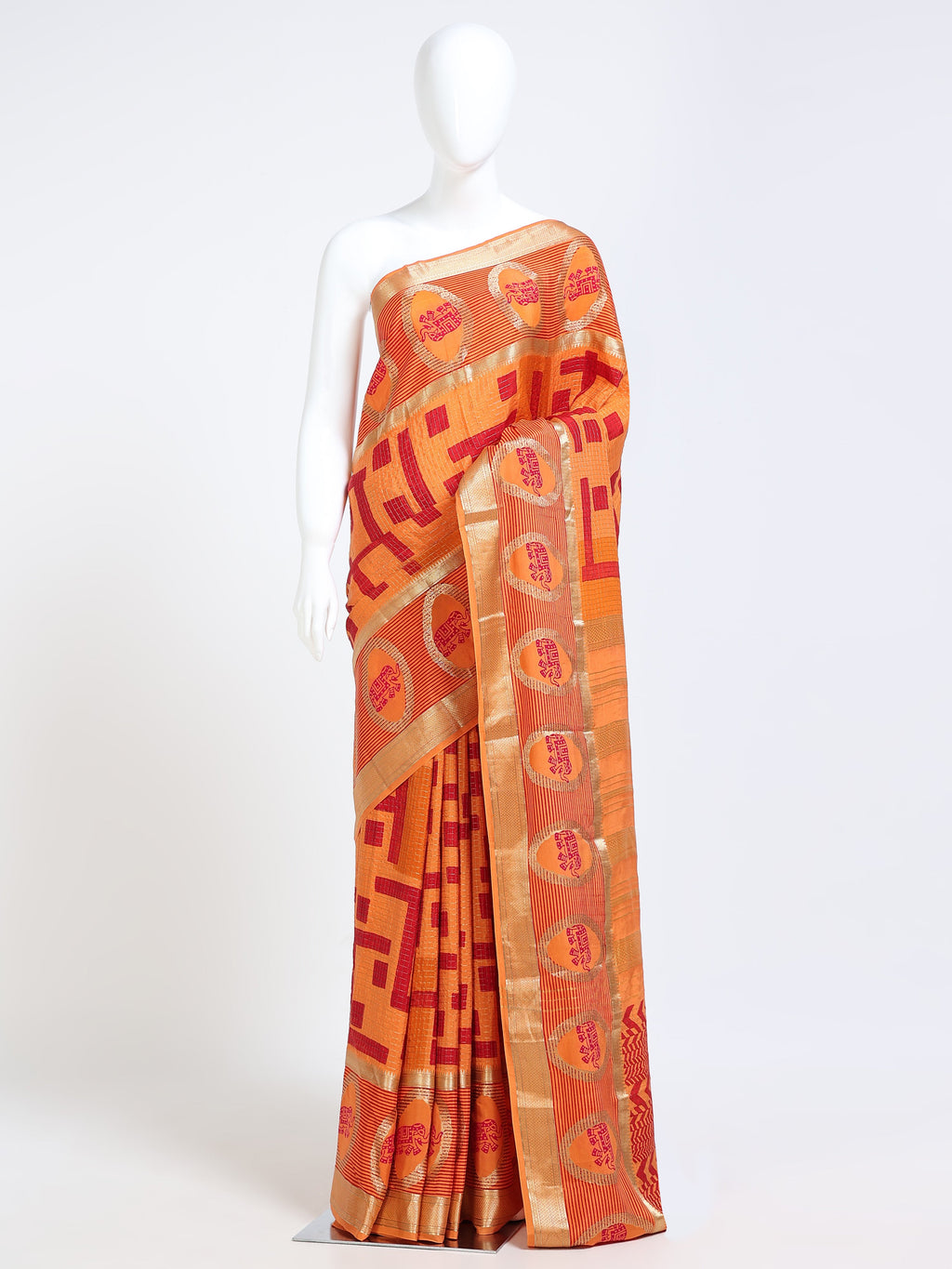 Mango Orange Mysore Crepe Pure Silk Saree with red geometric maze body and oval elephant medallion border - mannequin front view