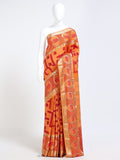 Mango Orange Mysore Crepe Pure Silk Saree with red geometric maze body and oval elephant medallion border - mannequin front view